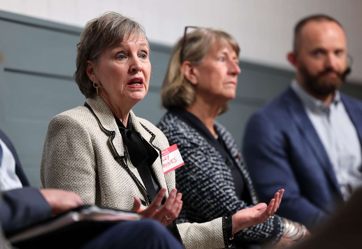 Logan Mayor Holly H. Daines speaks during a community forum with Logan residents, business owners and leaders in Logan on Tuesday, as Utah State University President Noelle E. Cockett, center, and Sam Malouf, co-founder CEO of Malouf Companies and president of the Malouf Foundation, right, listen. The forum was presented by the Deseret News and Malouf Companies.