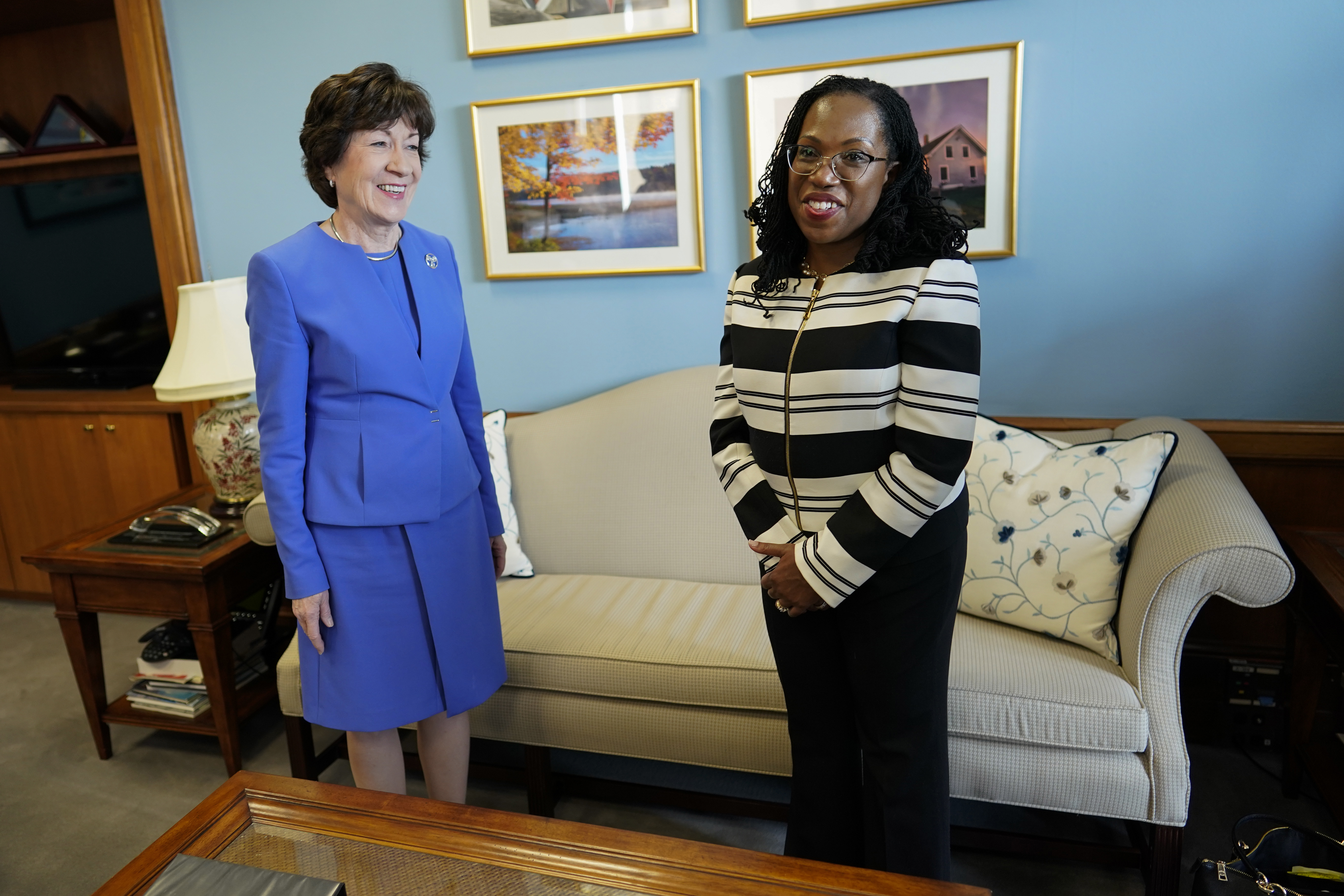 Supreme Court nominee Ketanji Brown Jackson meets with Sen. Susan Collins, R-Maine, on Capitol Hill in Washington, March 8. Collins will vote to confirm Jackson, giving Democrats at least one Republican vote and all but assuring that she will become the first Black woman on the Supreme Court. 