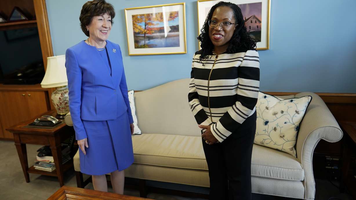 Supreme Court nominee Ketanji Brown Jackson meets with Sen. Susan Collins, R-Maine, on Capitol Hill in Washington, March 8. Collins will vote to confirm Jackson, giving Democrats at least one Republican vote and all but assuring that she will become the first Black woman on the Supreme Court.