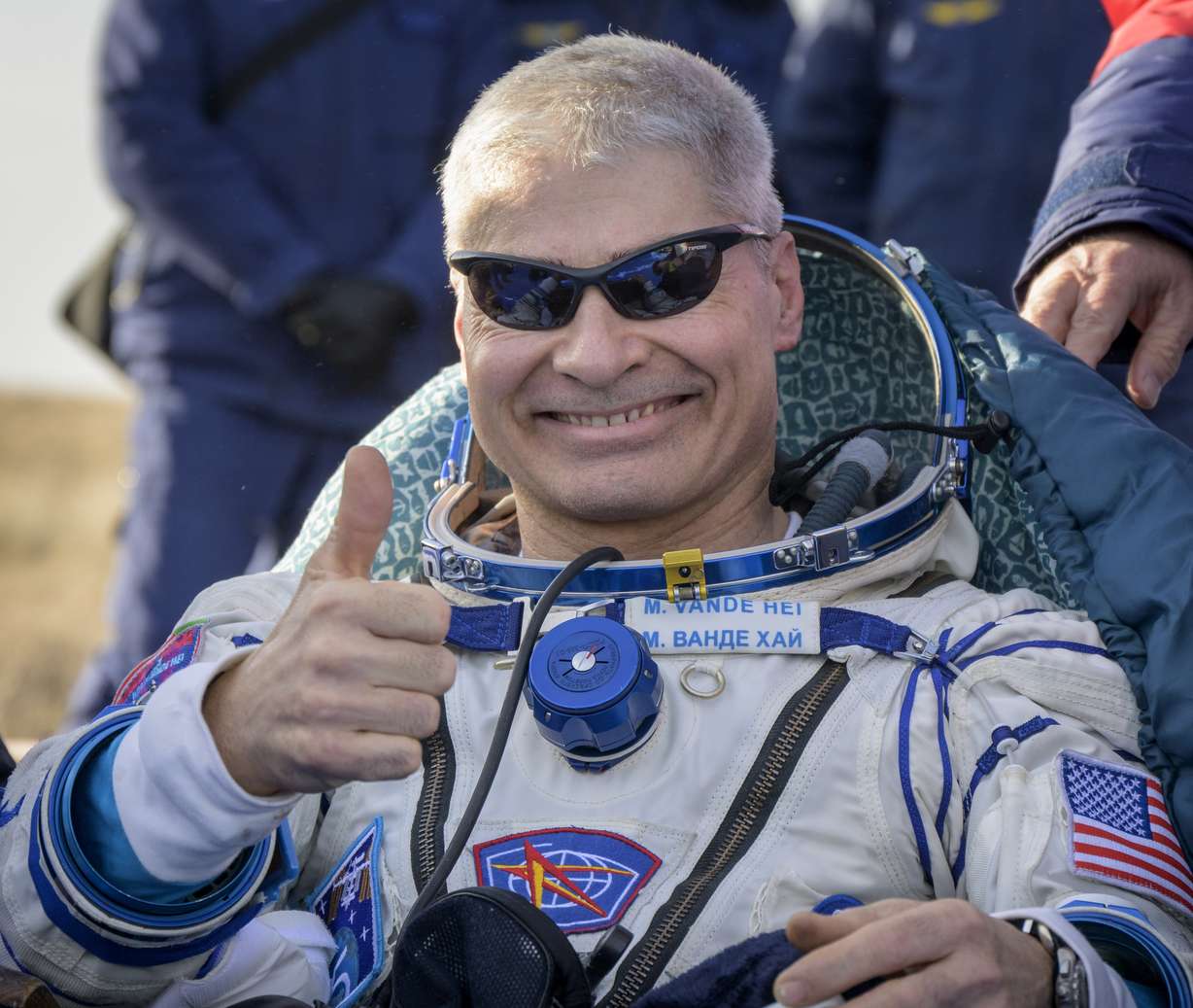 NASA astronaut Mark Vande Hei gives the thumbs up outside the Soyuz MS-19 spacecraft after he landed with Russian cosmonauts Anton Shkaplerov and Pyotr Dubrov in a remote area near the town of Zhezkazgan, Kazakhstan on Wednesday.