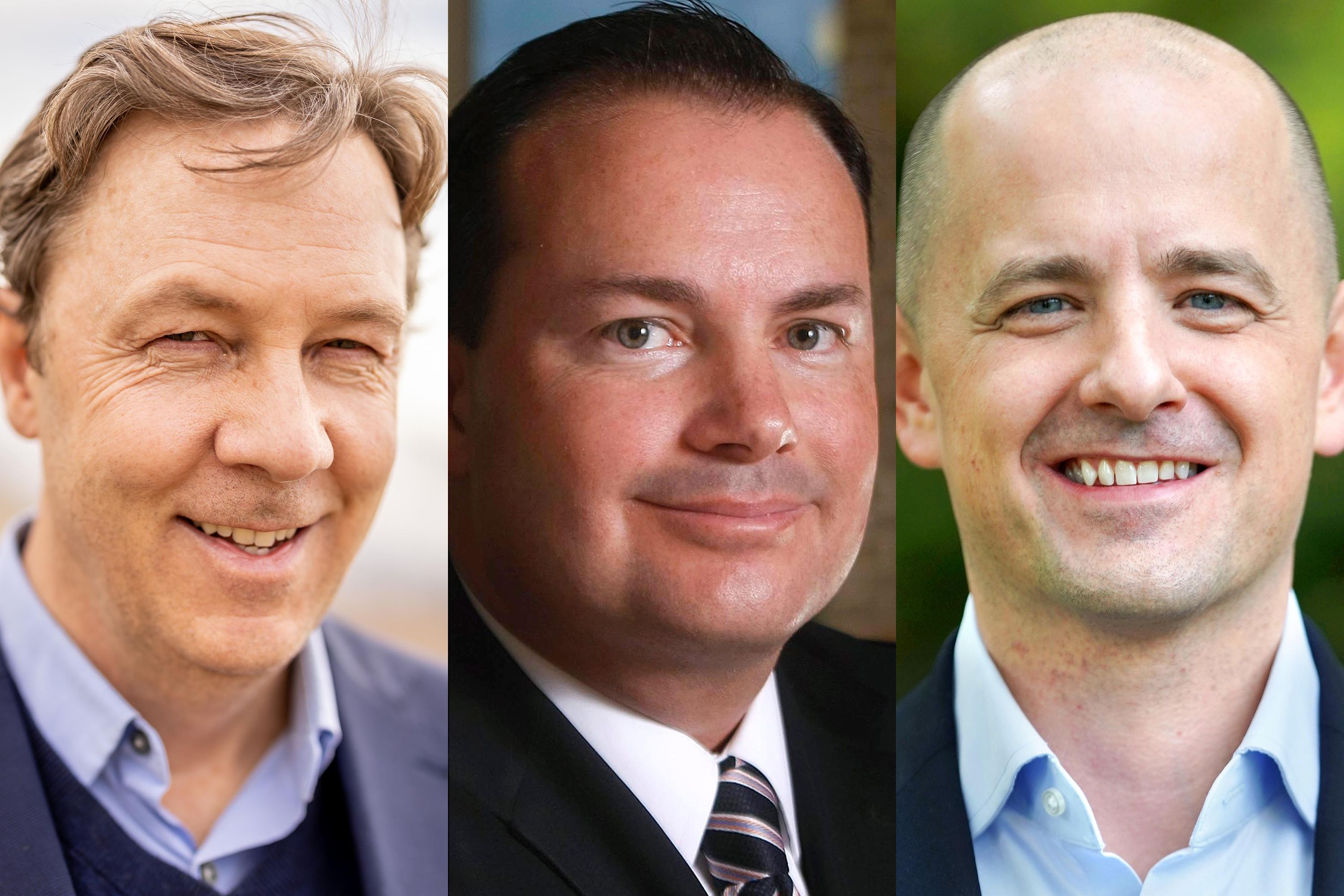Democrat Senate candidate Kael Weston, left, Sen. Mike Lee, R-Utah, and independent U.S. Senate candidate Evan McMullin are pictured.