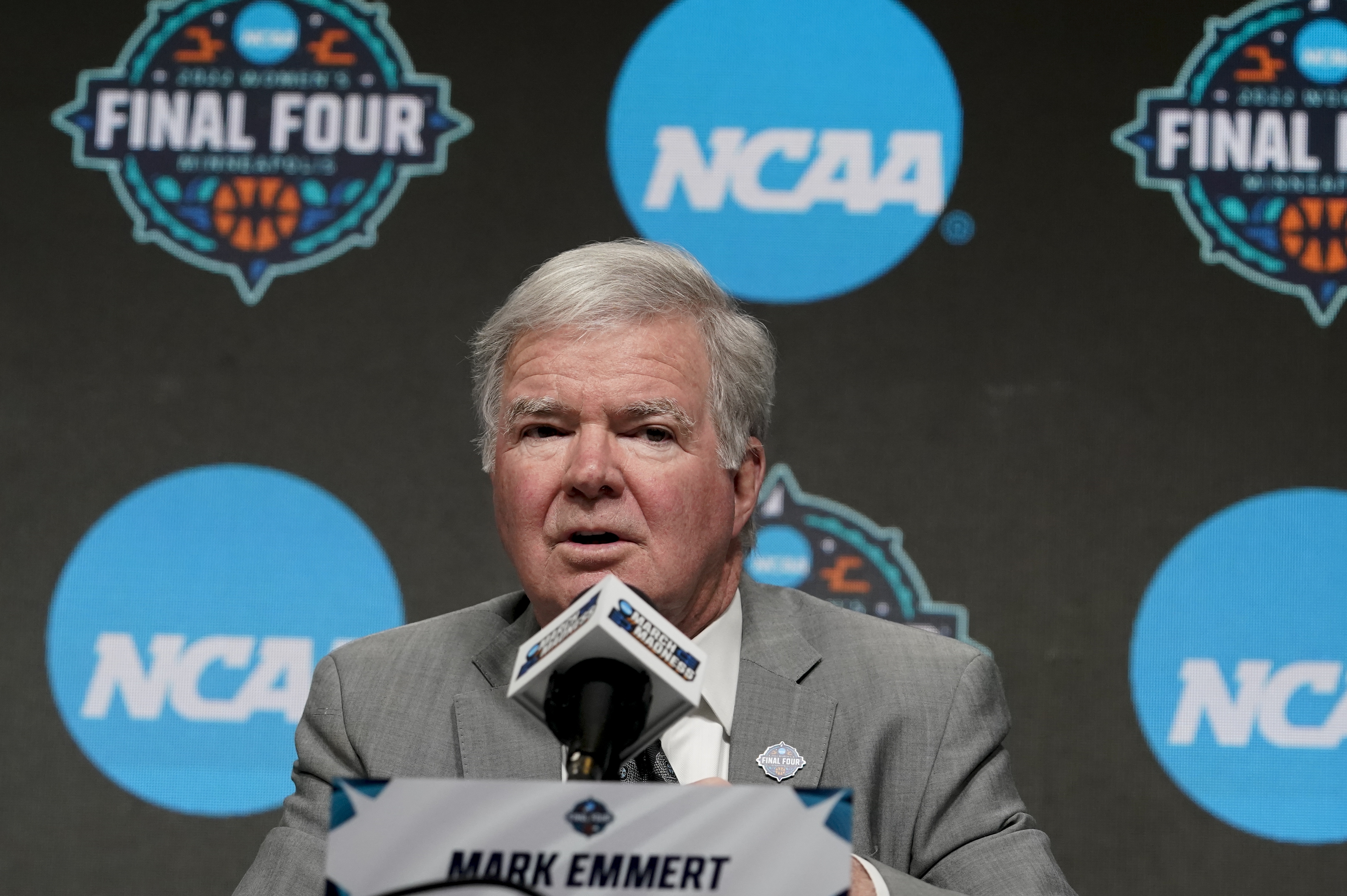 NCAA president Mark Emmert speaks at a news conference at the Target Center, site of of the Women's Final Four NCAA tournament Wednesday, March 30, 2022, in Minneapoils. 
