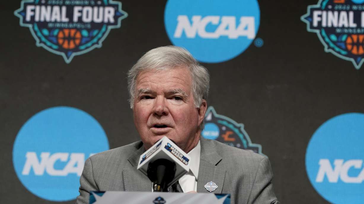 NCAA president Mark Emmert speaks at a news conference at the Target Center, site of of the Women's Final Four NCAA tournament Wednesday, March 30, 2022, in Minneapoils.
