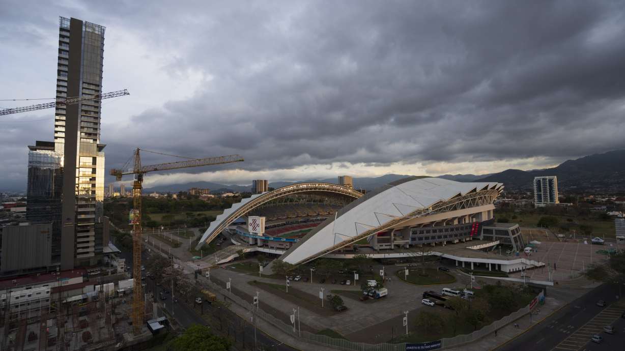 View of the National stadium at sunset ahead of a qualifying soccer match for the FIFA World Cup Qatar 2022 between Costa Rica and United States, in San Jose, Costa Rica, Tuesday, March 29, 2022.