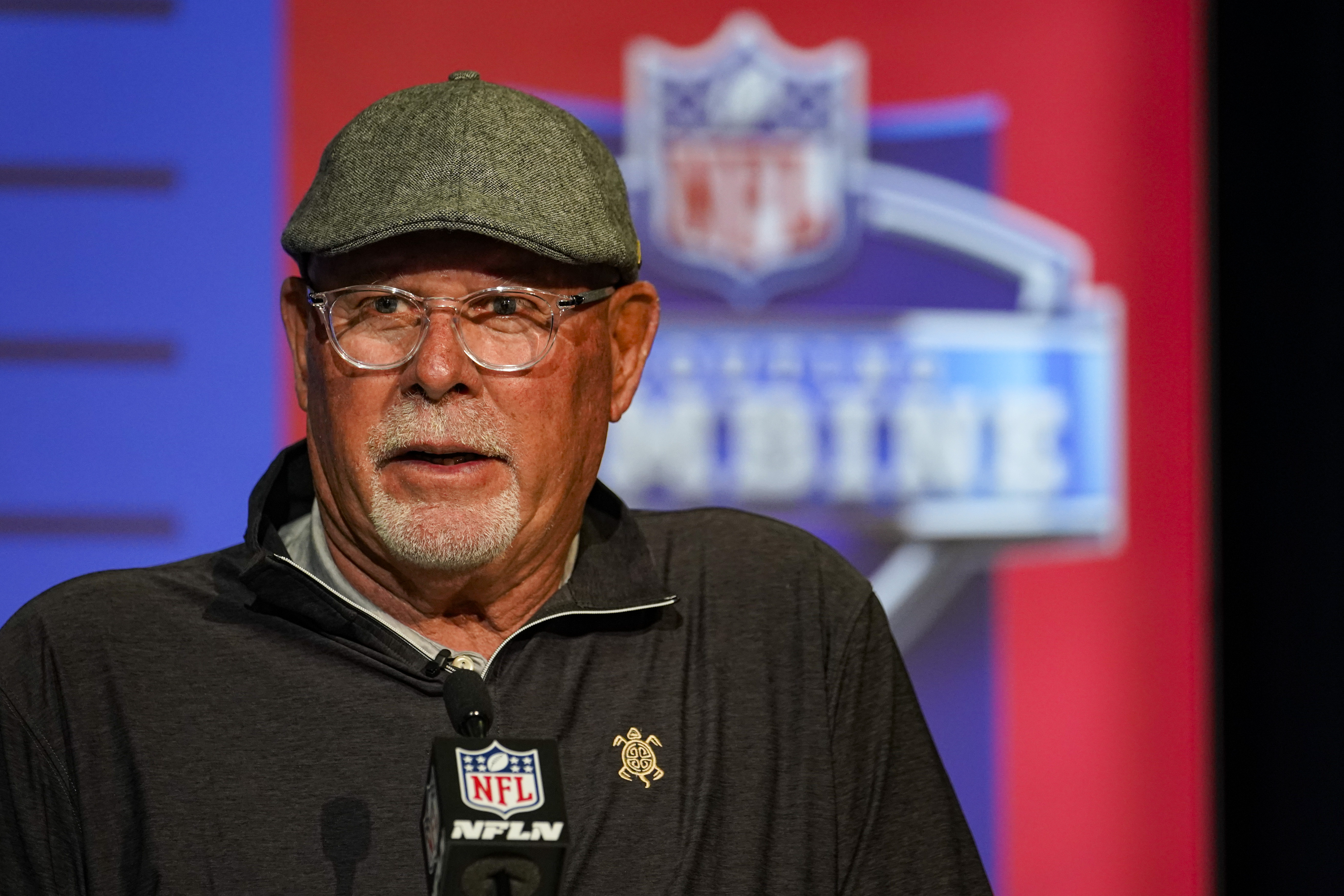 Tampa Bay Buccaneers head coach Bruce Arians speaks during a press conference at the NFL football scouting combine in Indianapolis, Tuesday, March 1, 2022. 