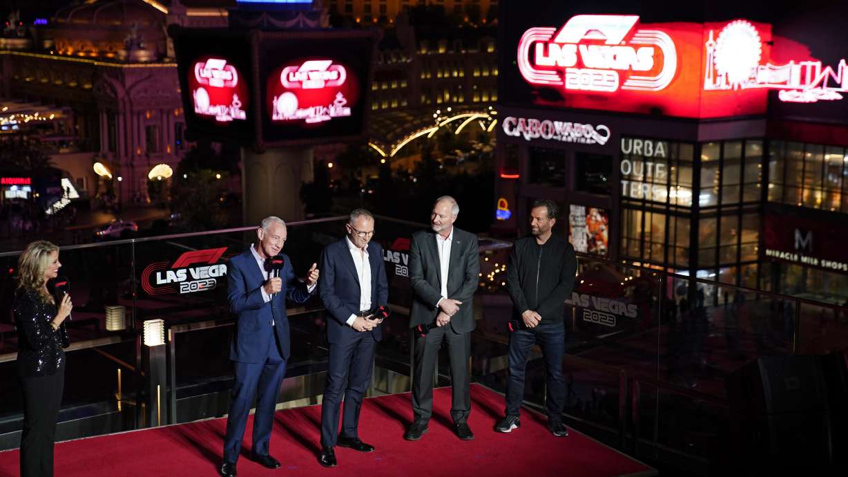 Greg Maffei, Liberty Media president and CEO, speaks beside Stefano Domenicali, president and CEO of Formula 1; Steve Hill, president and CEO of the Las Vegas Convention and Visitors Authority; and Michael Rapino, right, president and CEO of Live Nation Entertainment, during a news conference announcing a 2023 Formula One Grand Prix race to be held in the city, Wednesday, March 30, 2022, in Las Vegas.