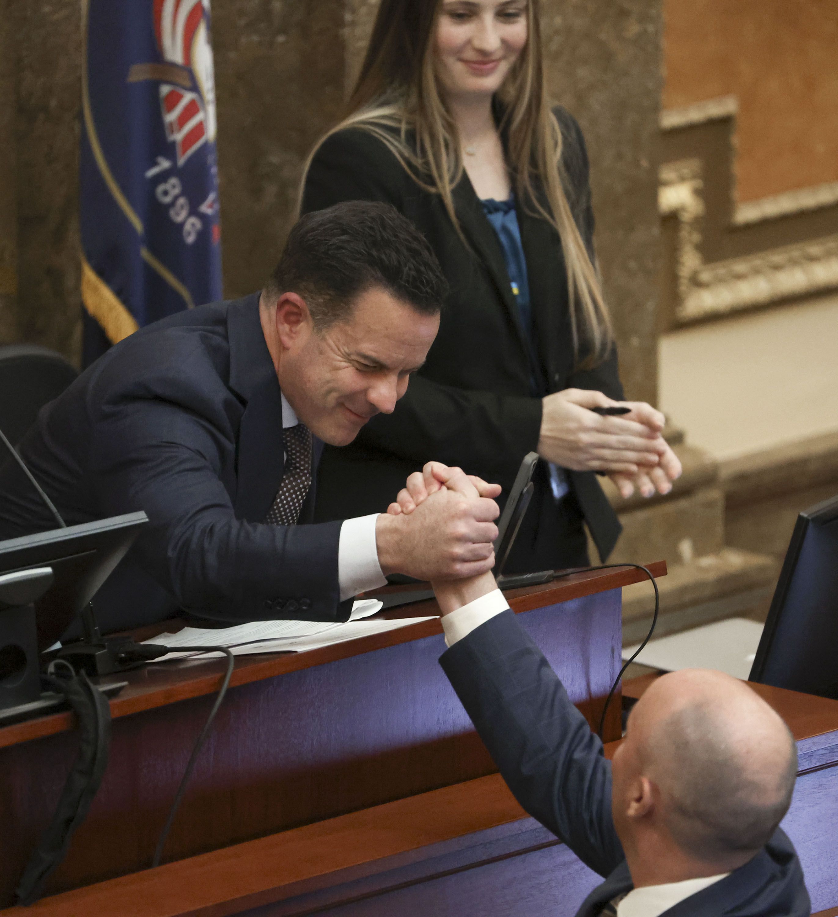 House Speaker Brad Wilson, R-Kaysville, shakes hands with Gov. Spencer Cox at the end of the Utah Legislature’s 2022 general session at the Capitol in Salt Lake City on Friday, March 4. In the eyes of Utahns, only one group has more influence than Utah’s governor — and that’s the leaders of the Utah Legislature, a new poll says.