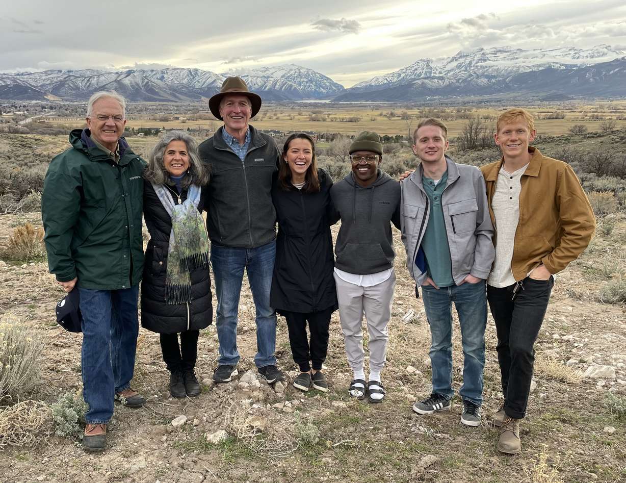 BYU students and interns Taylor Wood, Brooklyn Randle, Kurtis Welker and Jessey Muaka are pictured with Cindy and Mike Neider, and Brad Colton.