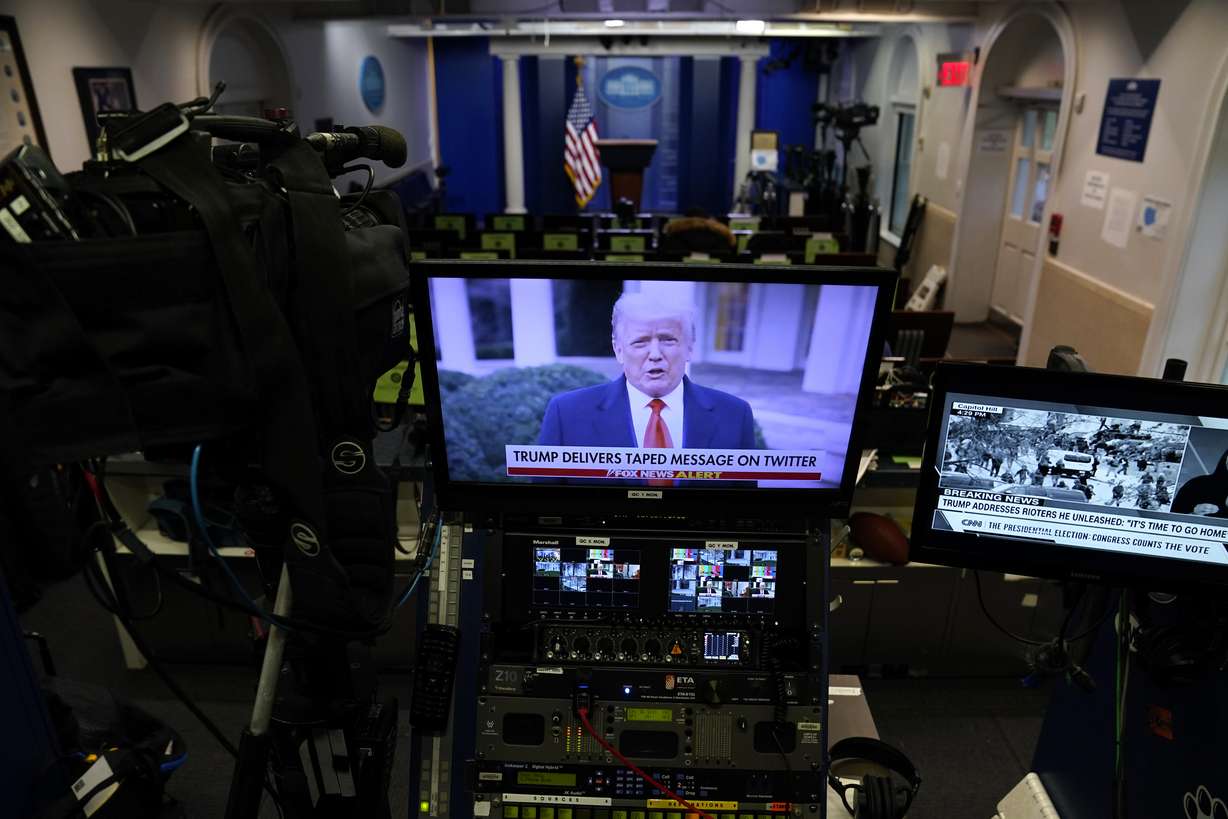 In a pre-recorded video message, President Donald Trump delivers a statement after rioters stormed the Capitol building during the electoral college certification of Joe Biden as President, Jan. 6, 2021, in Washington.