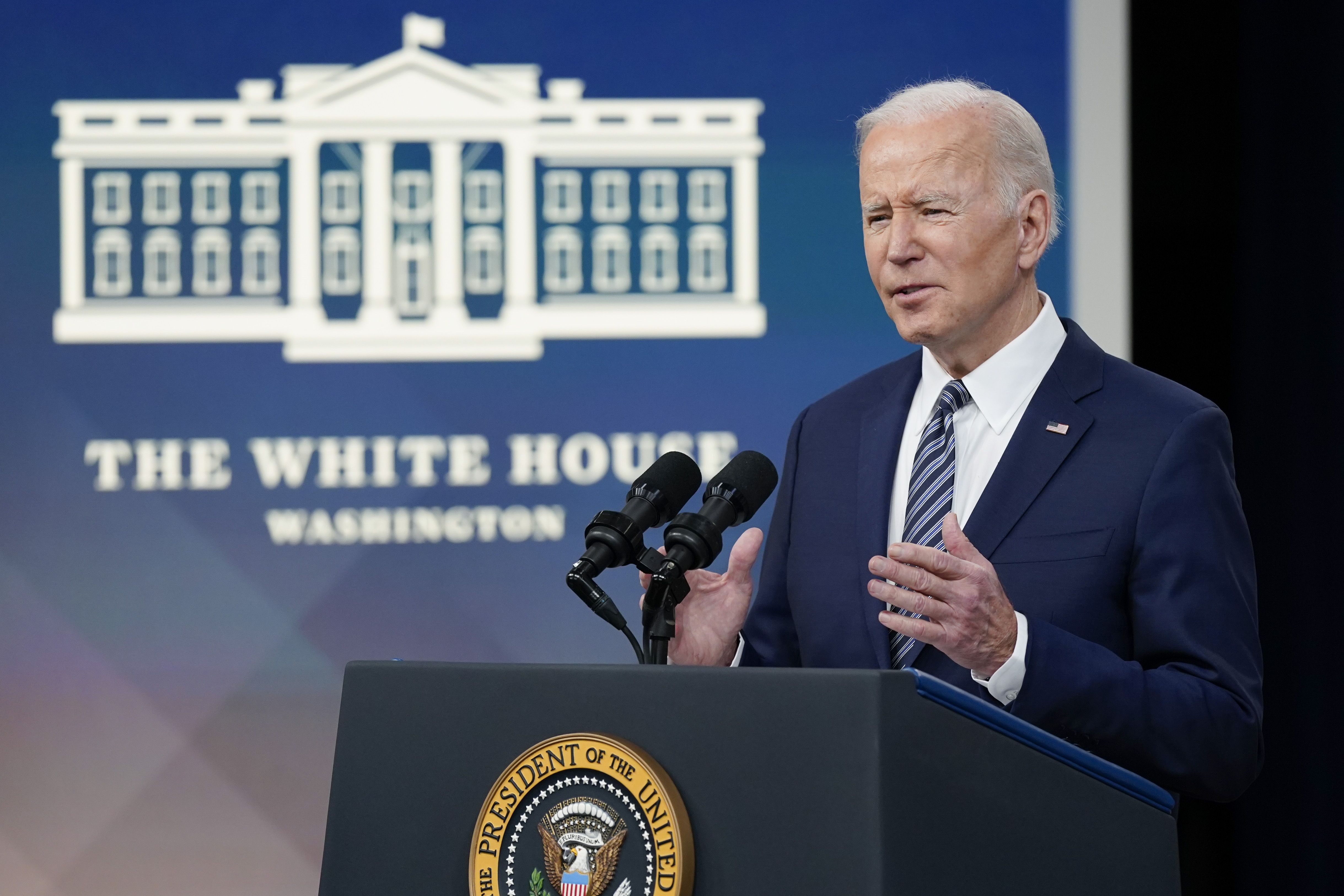 President Joe Biden speaks about his administration's plans to combat rising gas prices in the South Court Auditorium on the White House campus, Thursday, in Washington.