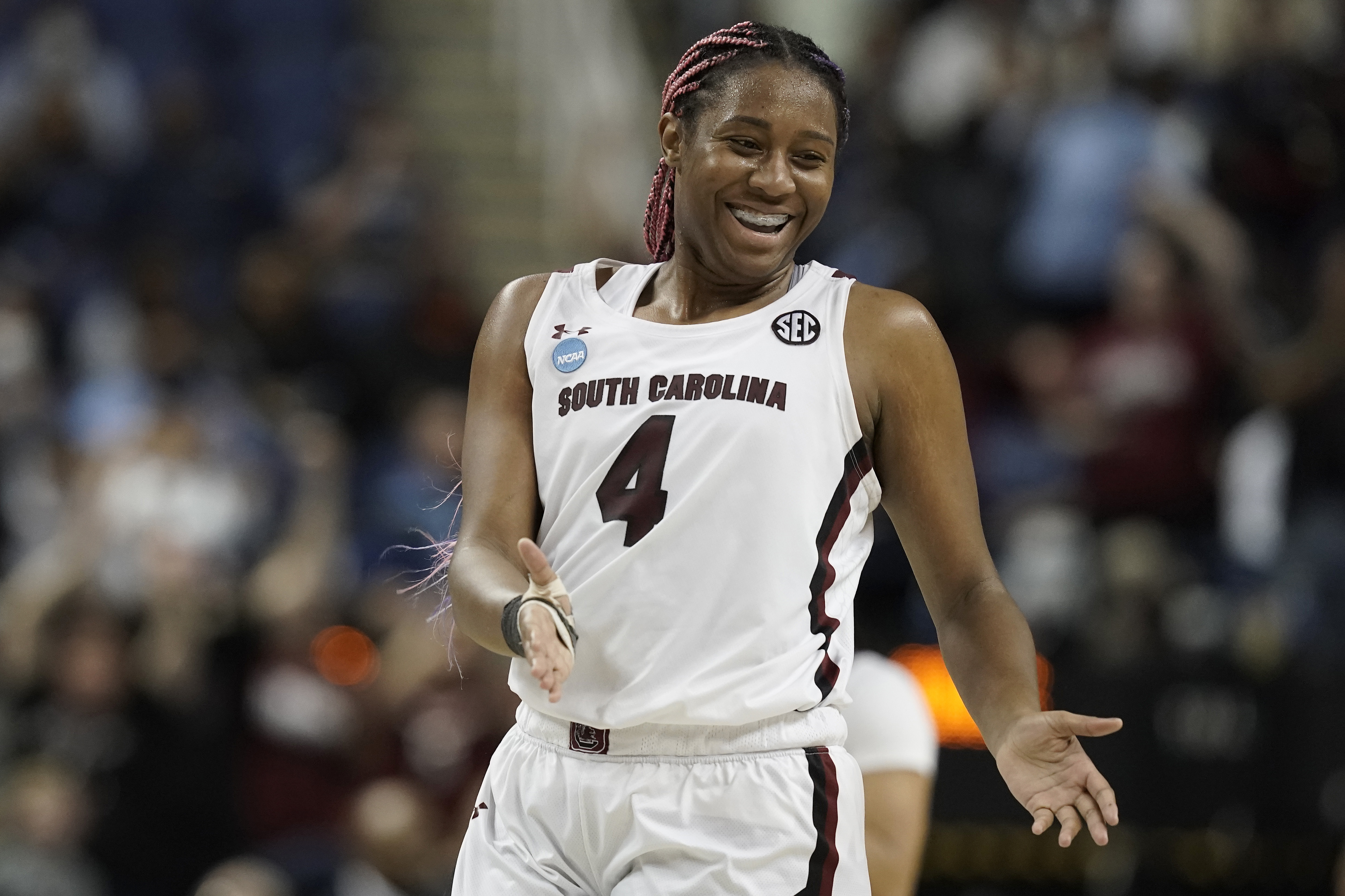 South Carolina forward Aliyah Boston reacts following a college basketball game against North Carolina in the Sweet 16 round of the NCAA women's tournament in Greensboro, N.C., Friday, March 25, 2022. 