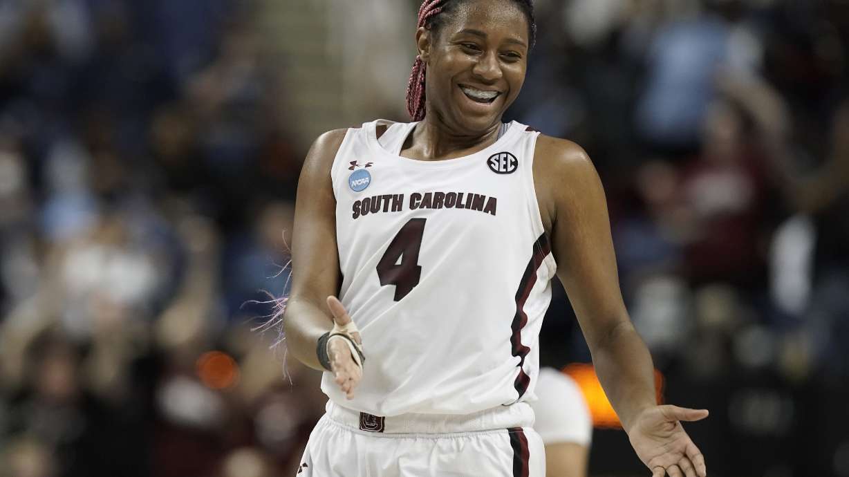 South Carolina forward Aliyah Boston reacts following a college basketball game against North Carolina in the Sweet 16 round of the NCAA women's tournament in Greensboro, N.C., Friday, March 25, 2022.