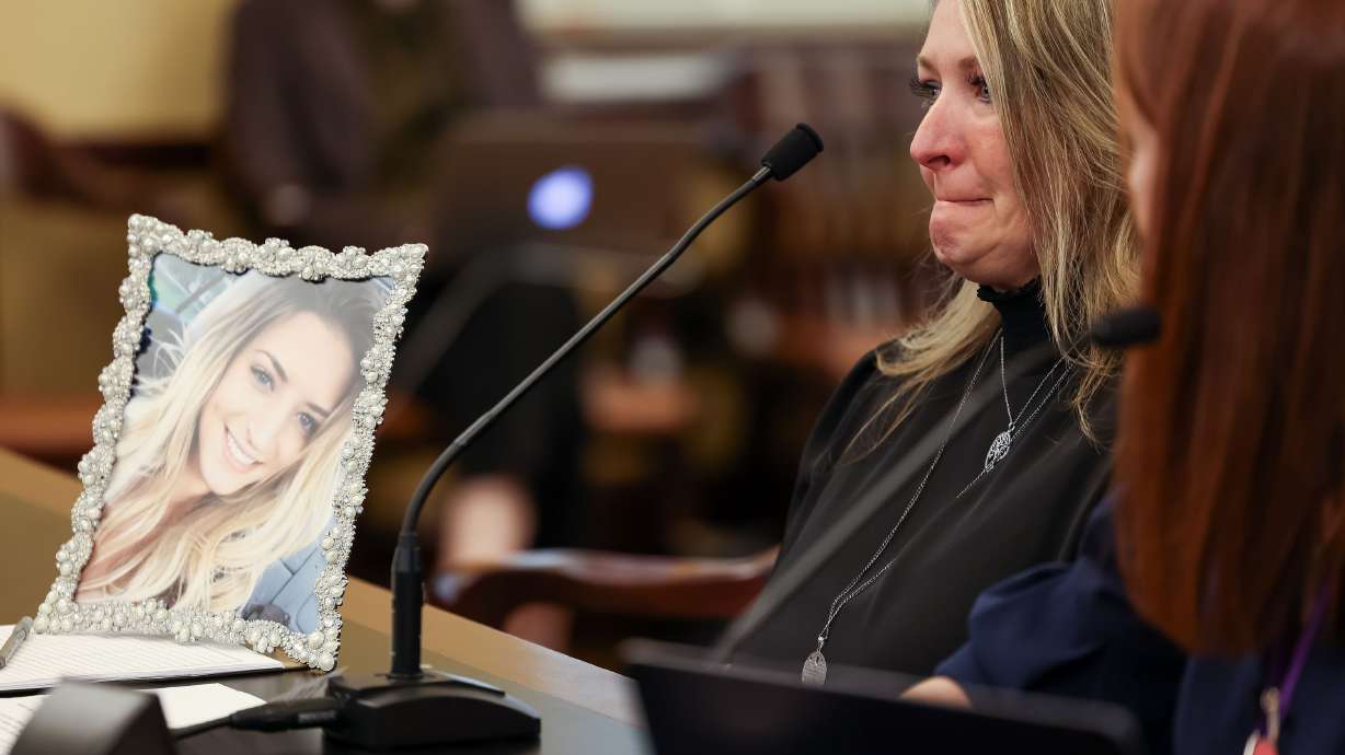 Tammy Allred testifies in favor of HB74 with a portrait of her daughter, Kylie Kaplanis, beside her in the House Health and Human Services Standing Committee at the Capitol in Salt Lake City on Feb. 15. The bill, which would legalize certain patients with terminal illnesses to obtain a prescription for aid in dying, was defeated in committee. Kaplanis was diagnosed with Lou Gehrig’s disease and died at age 27. Terminally ill Utahns may now have easier access to physician-assisted suicide after the in-state residency requirement was abandoned for Oregon’s Death with Dignity Act.