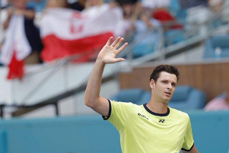 Mar 31, 2022; Miami Gardens, FL, USA; Hubert Hurkacz (POL) salutes the crowd after his match against Daniil Medvedev (not pictured) in a men's singles quarterfinal in the Miami Open at Hard Rock Stadium.  Geoff Burke-USA TODAY Sports