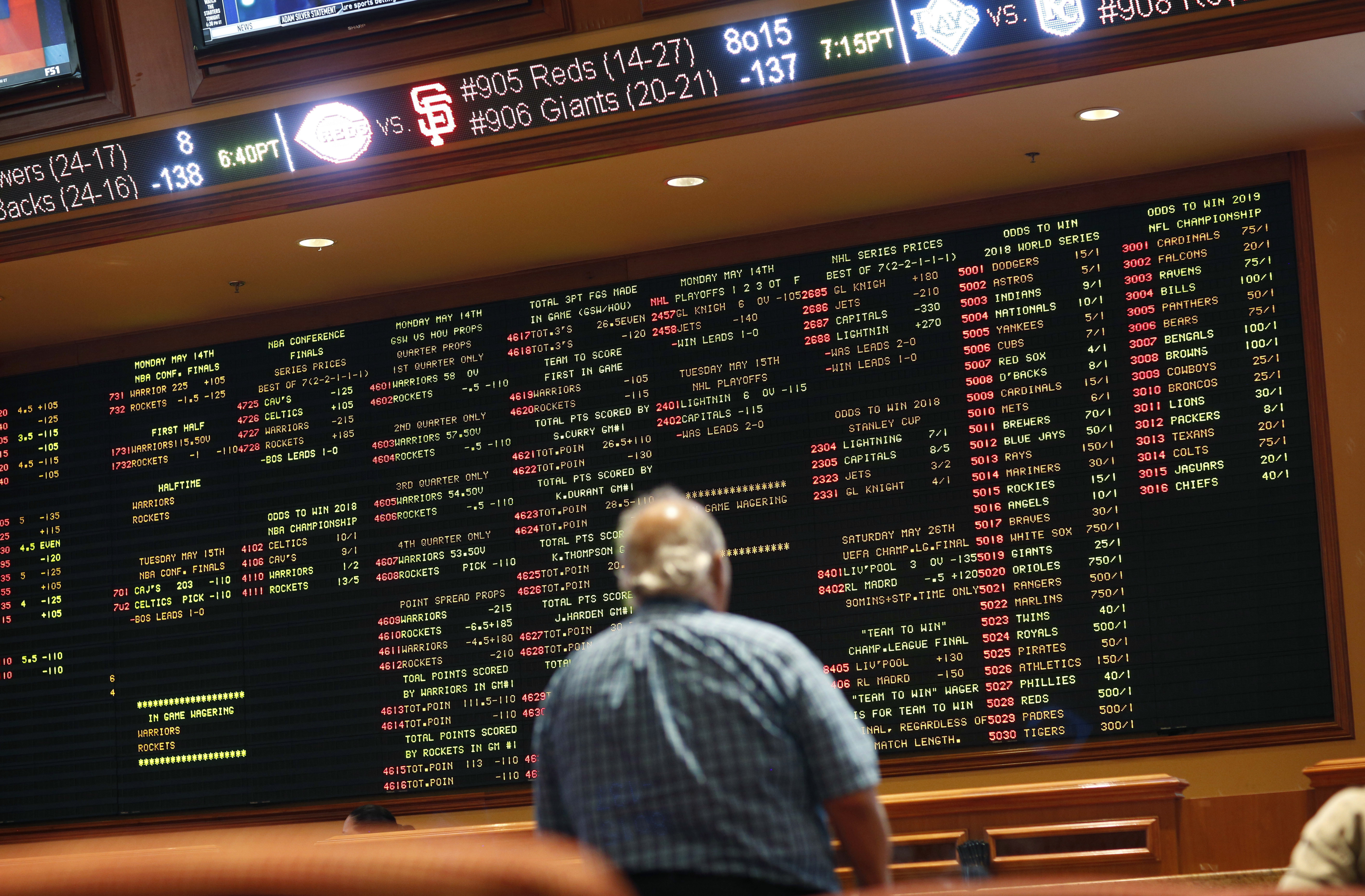 FILE - In this May 14, 2018 file photo, betting odds are displayed on a board in the sports book at a hotel casino in Las Vegas. A former minor league pitcher was the ringleader of an illegal sports betting operation in California that included current and former pro athletes, federal prosecutors said. Wayne Nix agreed to plead guilty to conspiring to run an illegal gambling operation, Thursday, March 31, 2022 