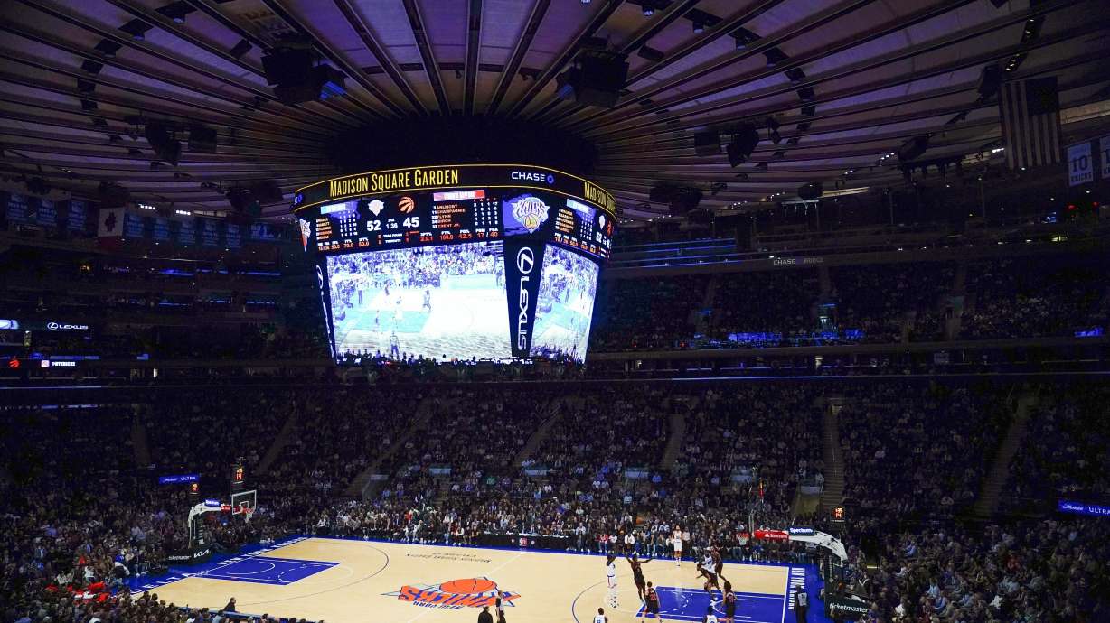 FILE - The Toronto Raptors play the New York Knicks during the first half of an NBA basketball game at Madison Square Garden Monday, Nov. 1, 2021, in New York. Madison Square Garden won't host the NIT semifinals and championship game the next two years, according to a person with direct knowledge of the decision — ending a college basketball tradition that dates to 1938. The person spoke to The Associated Press on condition of anonymity late Wednesday night, March 23, 2022, because no public announcement had been made.