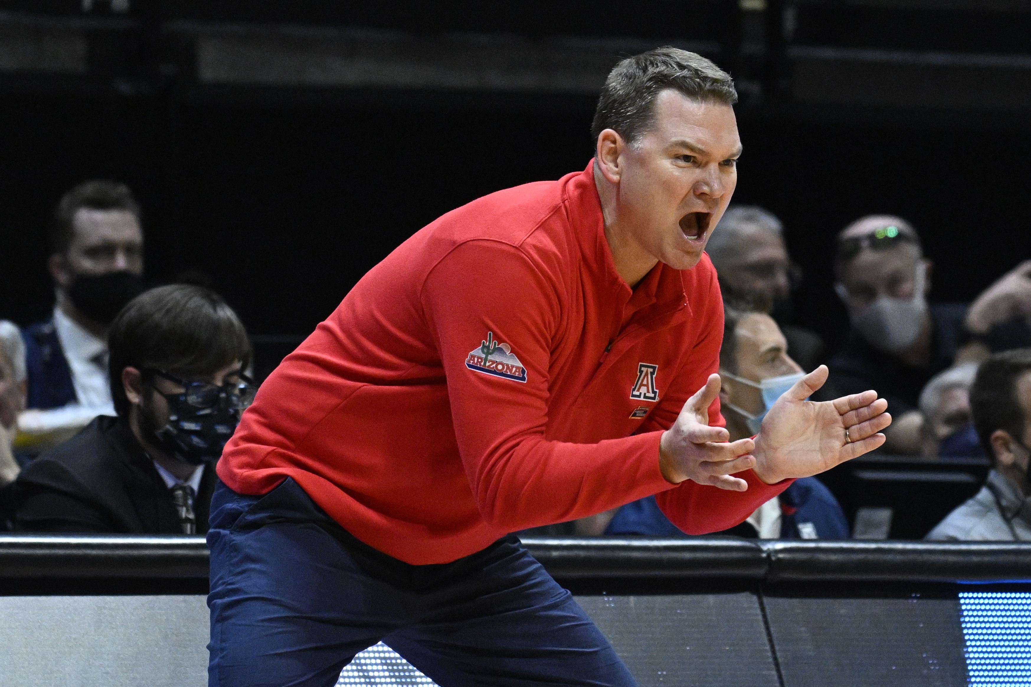 Arizona head coach Tommy Lloyd calls to his team during the first half of a second-round NCAA college basketball tournament game against TCU, Sunday, March 20, 2022, in San Diego. 