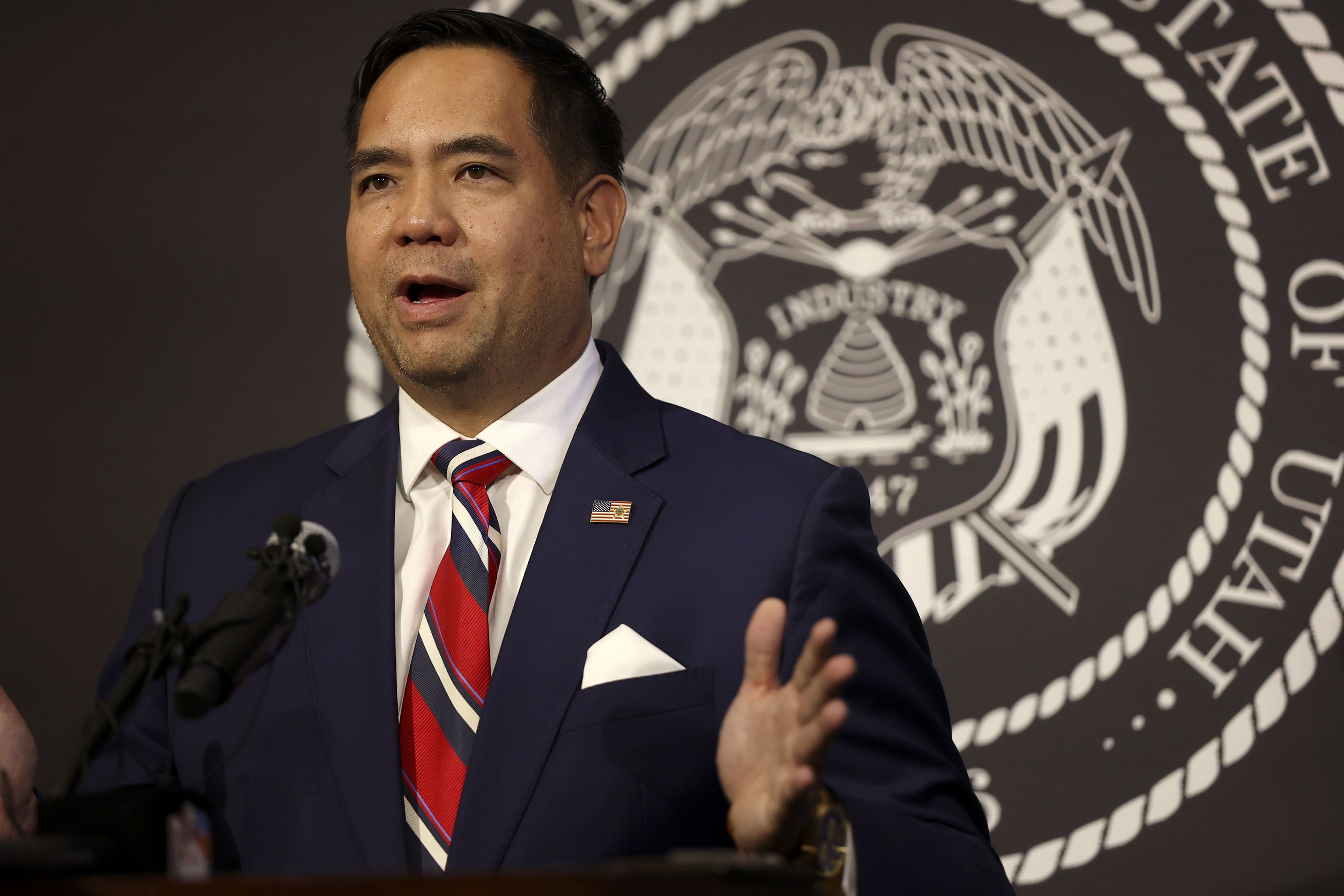 Utah Attorney General Sean D. Reyes is pictured during a press conference at the Capitol in Salt Lake City on July 22, 2021. Reyes signed on to a letter urging TikTok and Snapchat to do more to protect children on their apps and give more options for parental control and monitoring.