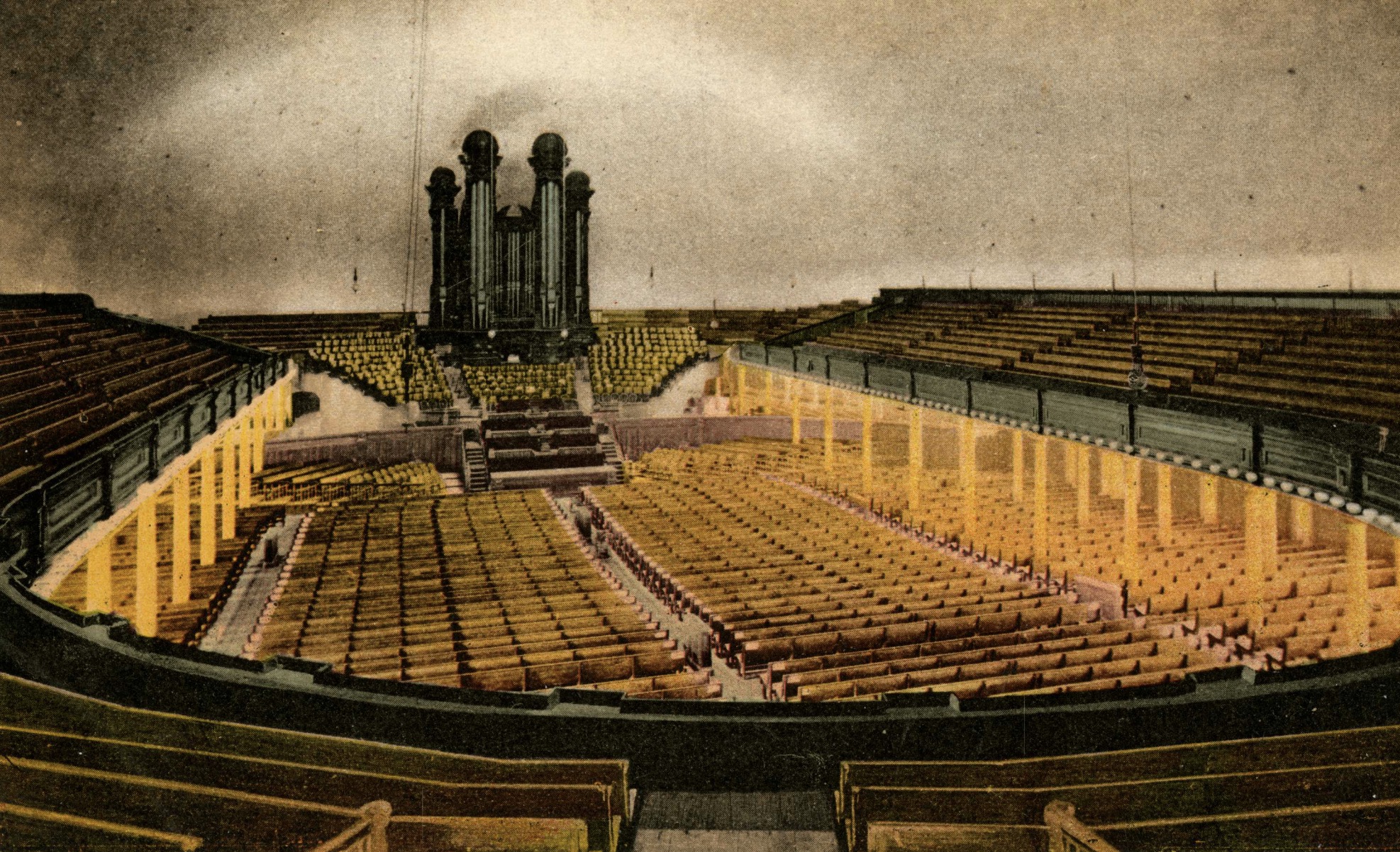 A postcard drawing of the interior of the Salt Lake Tabernacle dating back to the early 1900s. There were 20,000 people estimated to have flooded Temple Square for the first day of the 1919 spring general conference after it had been delayed to June that year because of the 1918-1919 influenza pandemic.