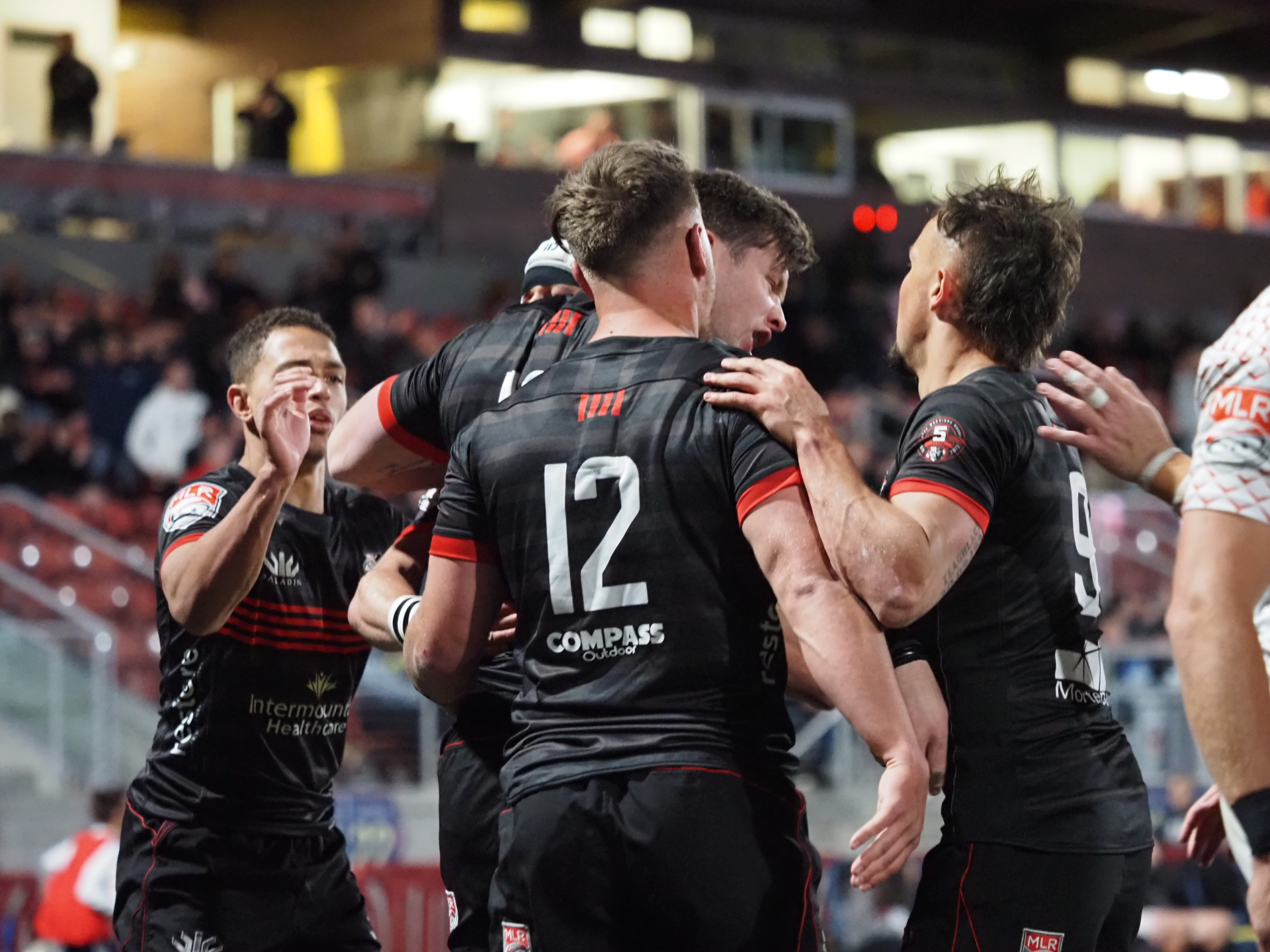 Utah Warriors center Tyler Fisher celebrates a try during the Warriors' 40-25 loss to the San Diego Legion, Friday, April 1, 2022 at Zions Bank Stadium in Herriman.