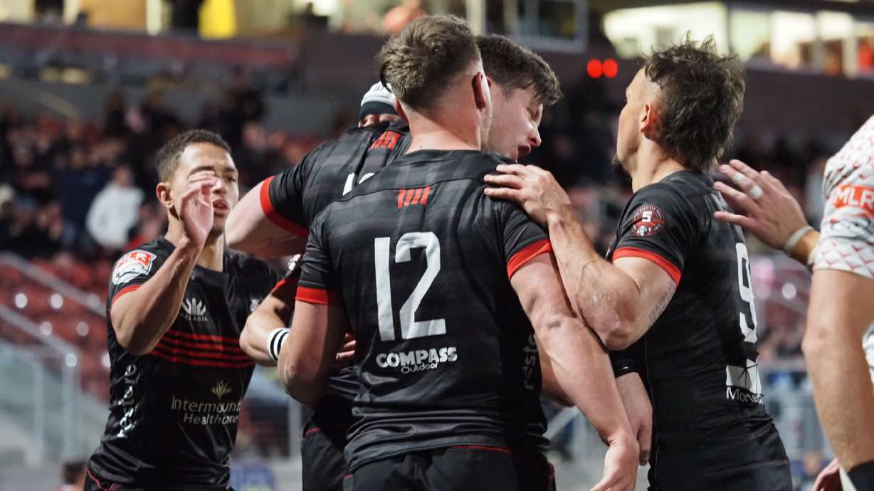 Utah Warriors center Tyler Fisher celebrates a try during the Warriors' 40-25 loss to the San Diego Legion, Friday, April 1, 2022 at Zions Bank Stadium in Herriman.