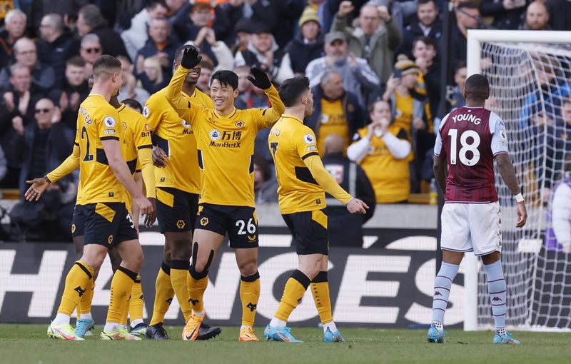 Soccer Football - Premier League - Wolverhampton Wanderers v Aston Villa - Molineux Stadium, Wolverhampton, Britain - April 2, 2022 Wolverhampton Wanderers' Hwang Hee-Chan celebrates after the match Action Images via Reuters/Andrew Couldridge