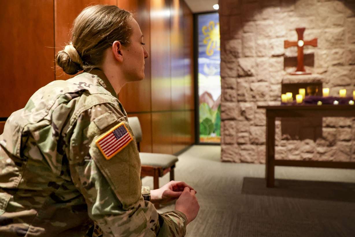 Dawn Dimick, the first female to study in Brigham Young University’s master of arts chaplaincy program, meditates at the Chapel of the Good Shepherd at St. Mark’s Hospital in Millcreek on Friday.