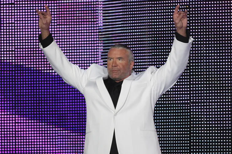 Scott Hall, aka Razor Ramon, speaks during the WWE Hall of Fame Induction at the Smoothie King Center in New Orleans on April 5, 2014. Hall, professional wrestling’s “Bad Guy,” who revolutionized the industry as a founding member of the New World Order faction, died March 14. He was 63.
