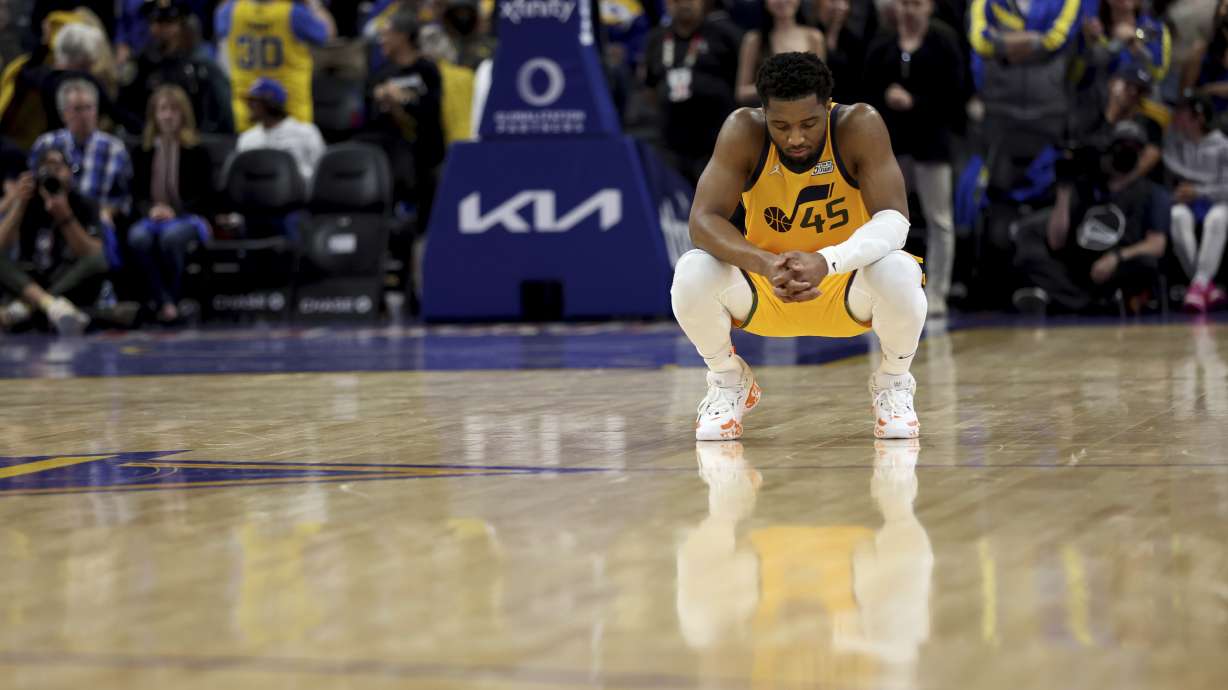 Utah Jazz guard Donovan Mitchell (45) reacts during the second half of an NBA basketball game against the Golden State Warriors in San Francisco, Saturday, April 2, 2022.
