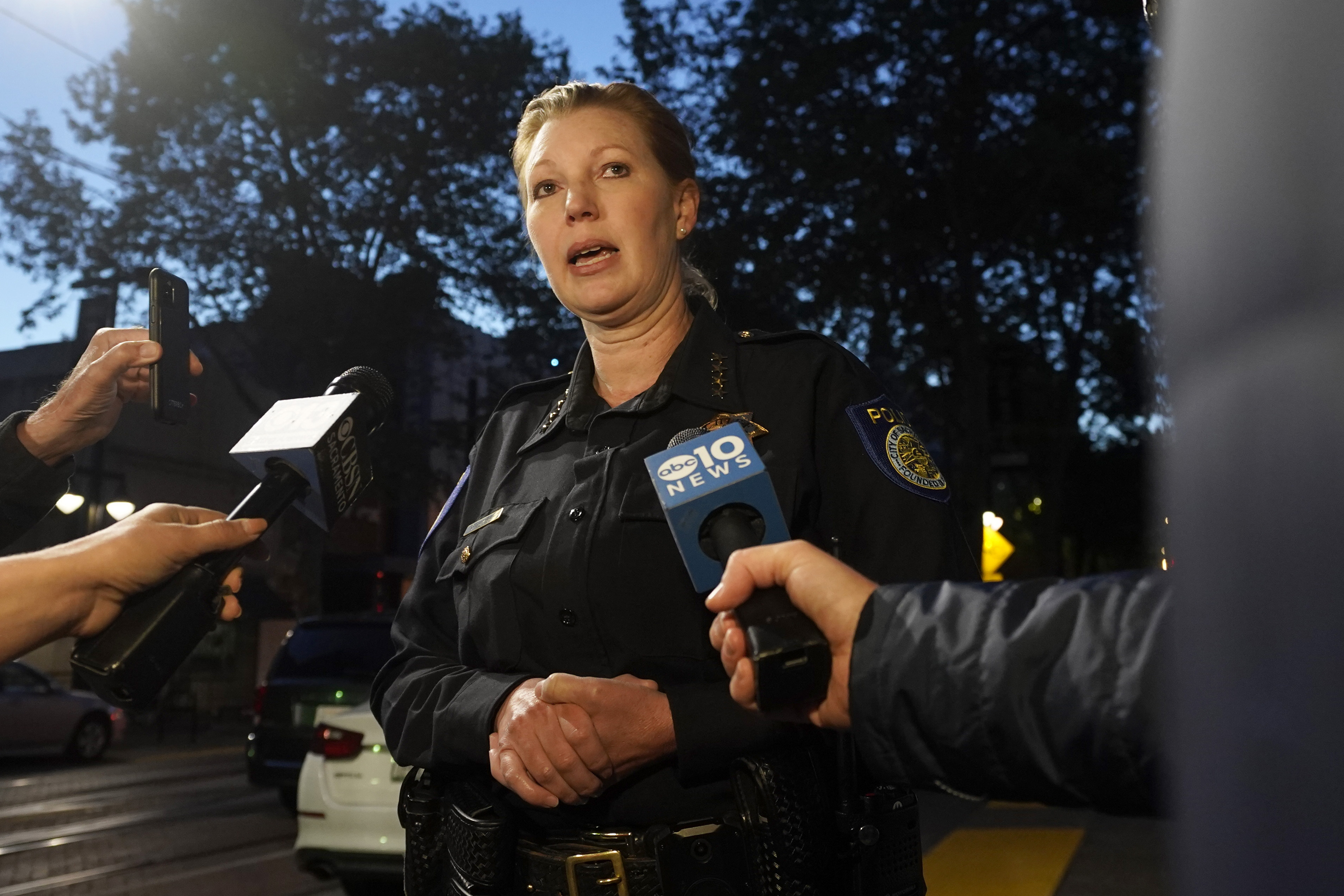 Sacramento Police Chief Kathy Lester talks to reporters about the mass shooting In Sacramento, Calif. Sunday.