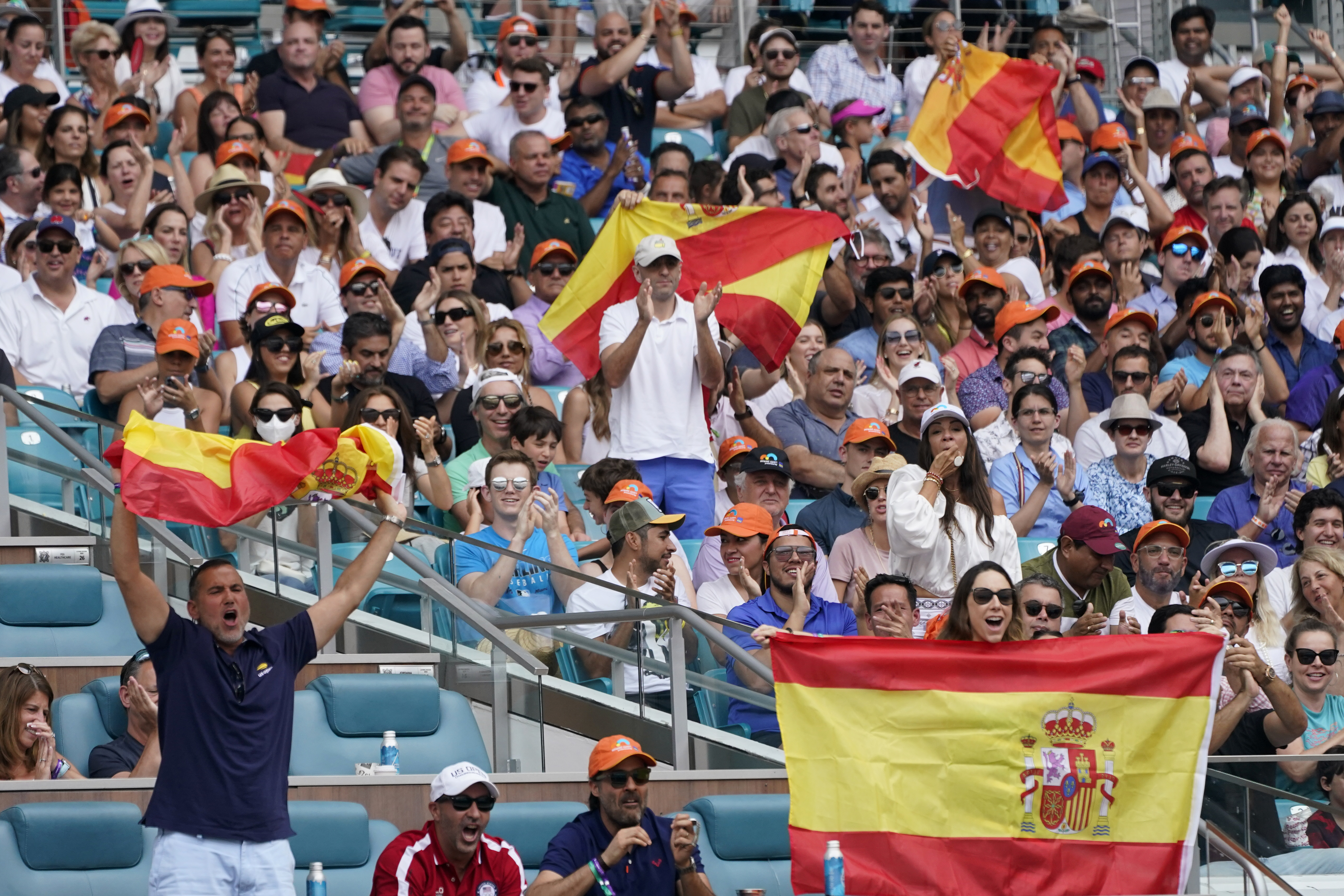 Tennis fans cheer for Carlos Alcaraz, of Spain, as he plays against Casper Ruud, of Norway, during the men's singles finals of the Miami Open tennis tournament, Sunday, April 3, 2022, in Miami Gardens, Fla. 