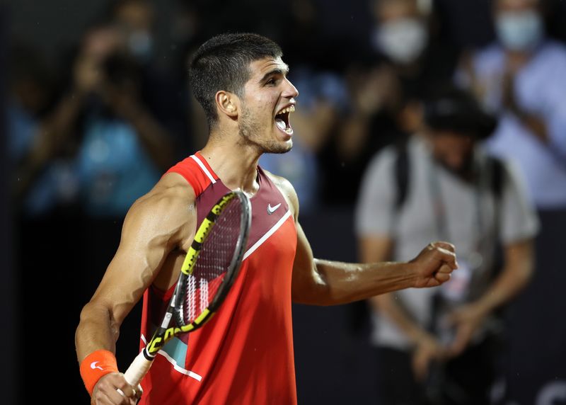 FILE PHOTO: Tennis - ATP 500 - Rio Open - Jockey Club Brasileiro, Rio De Janeiro, Brazil - February 20, 2022  Spain's Carlos Alcaraz Garfia celebrates winning the final against Argentina's Diego Schwartzman