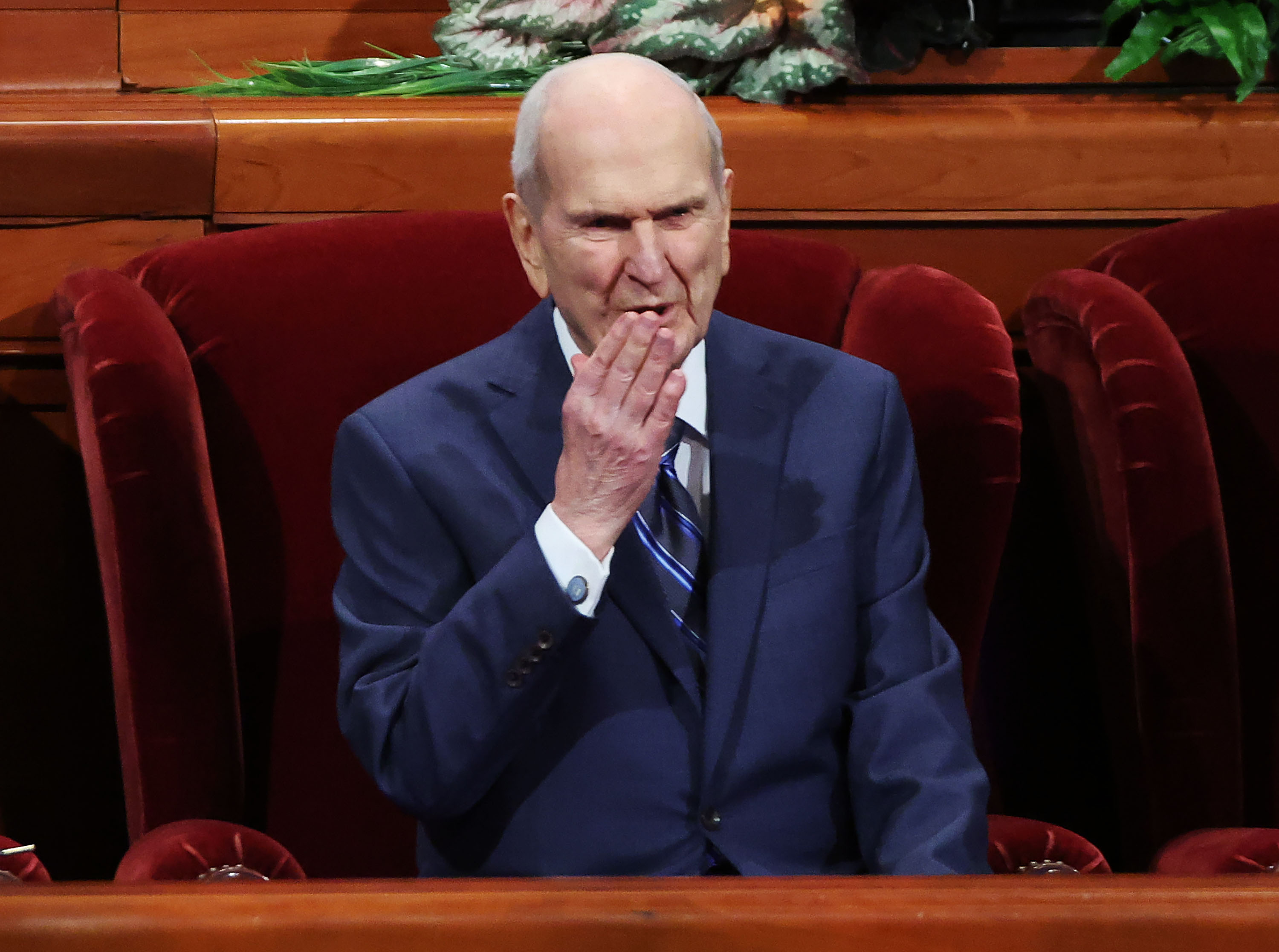 President Russell M. Nelson of The Church of Jesus Christ of Latter-day Saints blows a kiss to attendees during the 192nd Annual General Conference of The Church of Jesus Christ of Latter-day Saints in Salt Lake City on Saturday, April 2, 2022.