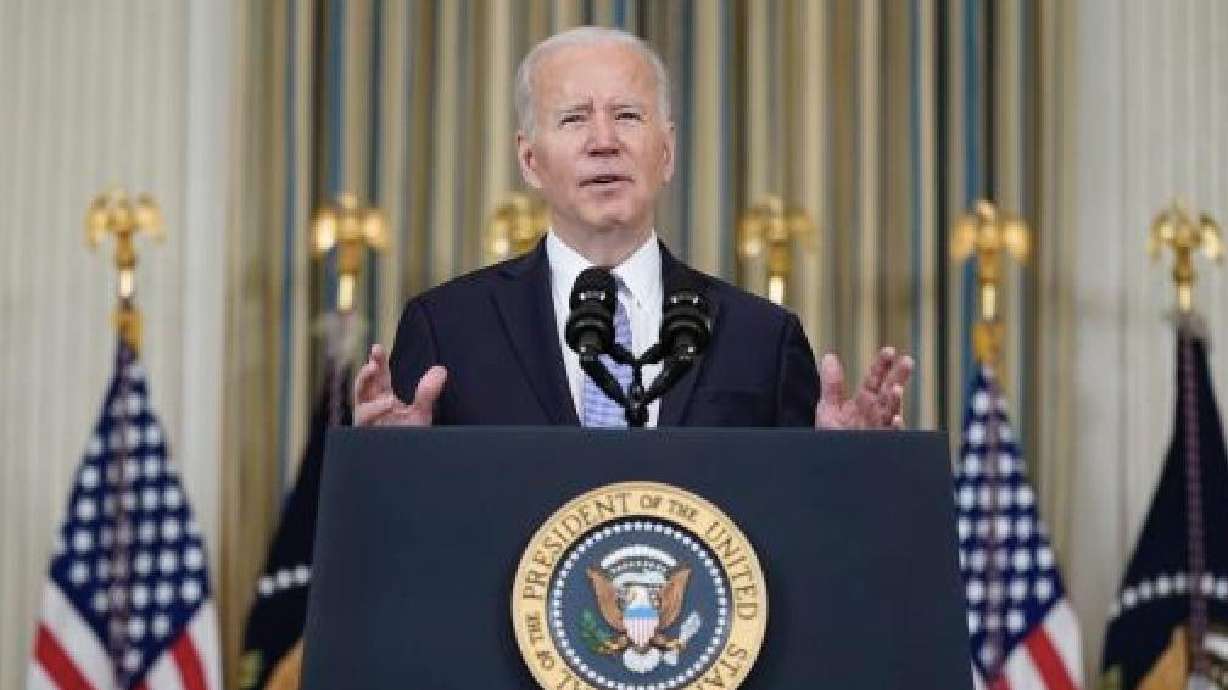 President Joe Biden speaks about the March jobs report in the State Dining Room of the White House, Friday, in Washington. Since Biden took office last year, job growth has been vigorous and steady.