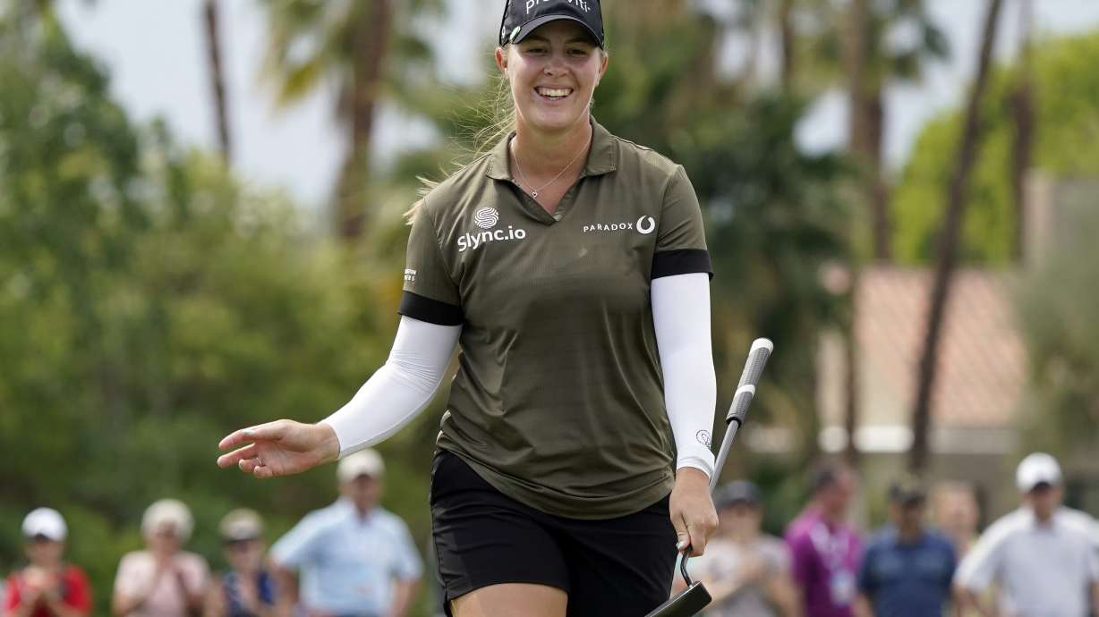 Jennifer Kupcho smiles after a birdie putt on the fourth hole during the final round of the LPGA Chevron Championship golf tournament Sunday, April 3, 2022, in Rancho Mirage, Calif.