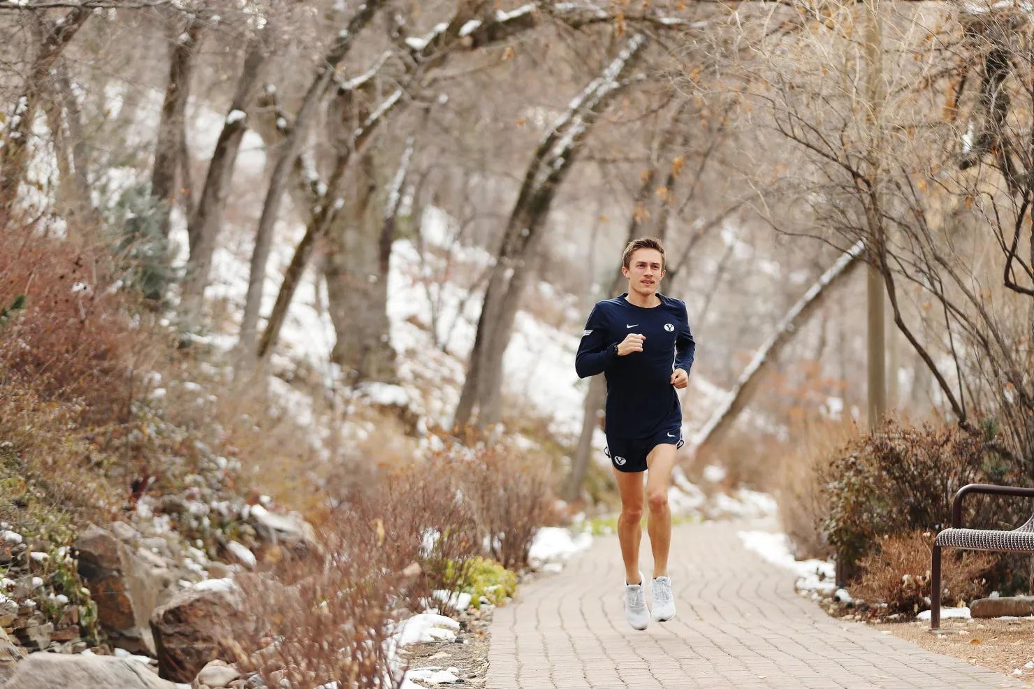 BYU distance runner Conner Mantz runs on campus in Provo on Feb. 19, 2021.