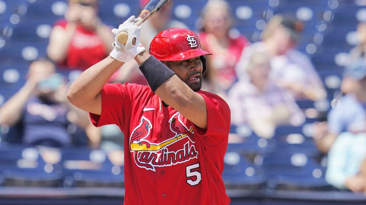 St. Louis Cardinals' Albert Pujols (5) bats in the first inning of a spring training baseball game against the Washington Nationals, Wednesday, March 30, 2022, in West Palm Beach, Fla.