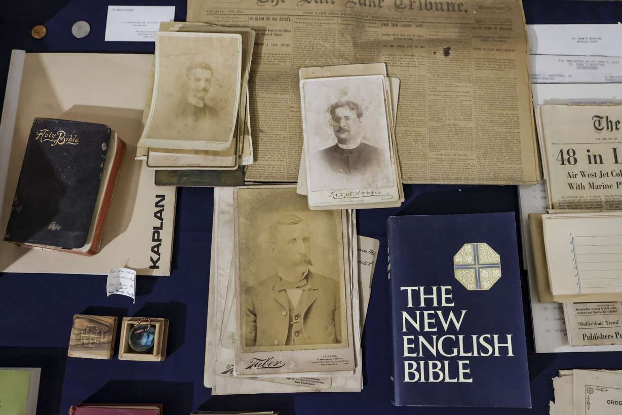 Items from a time capsule at St. Mark’s Hospital are pictured the hospital in Millcreek on Monday.