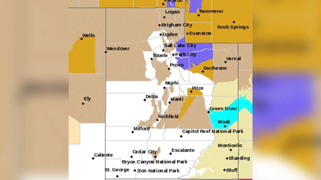 A map of the different weather alerts for Utah Monday and Tuesday. Brown represents wind advisory, gold represents high wind warning, purple represents winter weather advisory, and blue represents a freeze watch. All are related to a storm impacting Utah Monday evening into Tuesday.