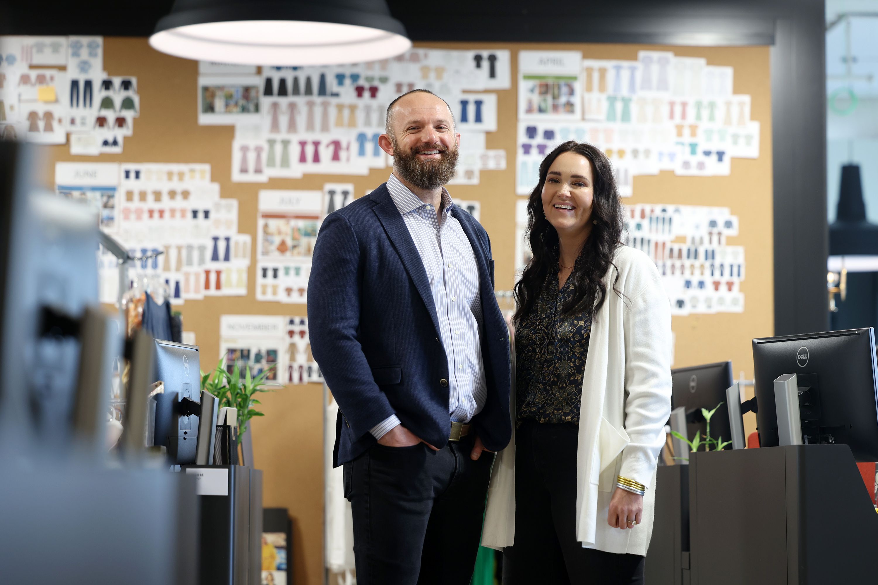Sam and Kacie Malouf pose for a photo in the area of their headquarters dedicated to the brand Downeast as they show the different sections of their business in Nibley near Logan on Tuesday, Jan. 18.