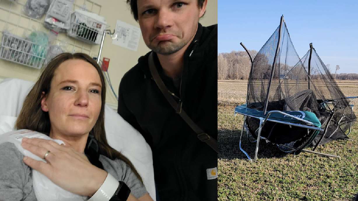 Stacy Moss was hurt when a trampoline slammed into her during a windstorm Saturday in Madison County, Idaho.