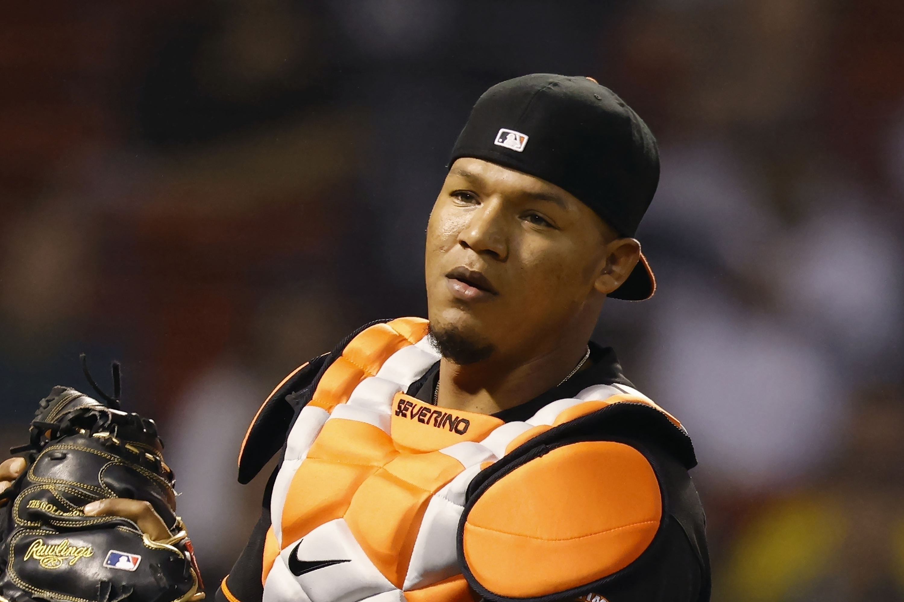 FILE - Then-Baltimore Orioles' Pedro Severino plays against the Boston Red Sox during the first inning of a baseball game, Friday, Sept. 17, 2021, in Boston. Milwaukee catcher Pedro Severino was suspended for 80 games on Tuesday, April 5, 2022,  following a positive drug test, the fourth major leaguer penalized in two days.
Severino tested positive for the performance-enhancing substance Clomiphene, the commissioner's office said. Severino will lose about half his $1.9 million salary. 