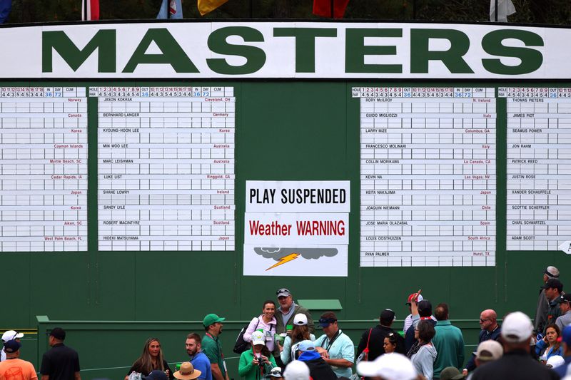 Golf - The Masters - Augusta National Golf Club - Augusta, Georgia, U.S. - April 5, 2022 General view of signs detailing that play has been suspended due to a weather warning