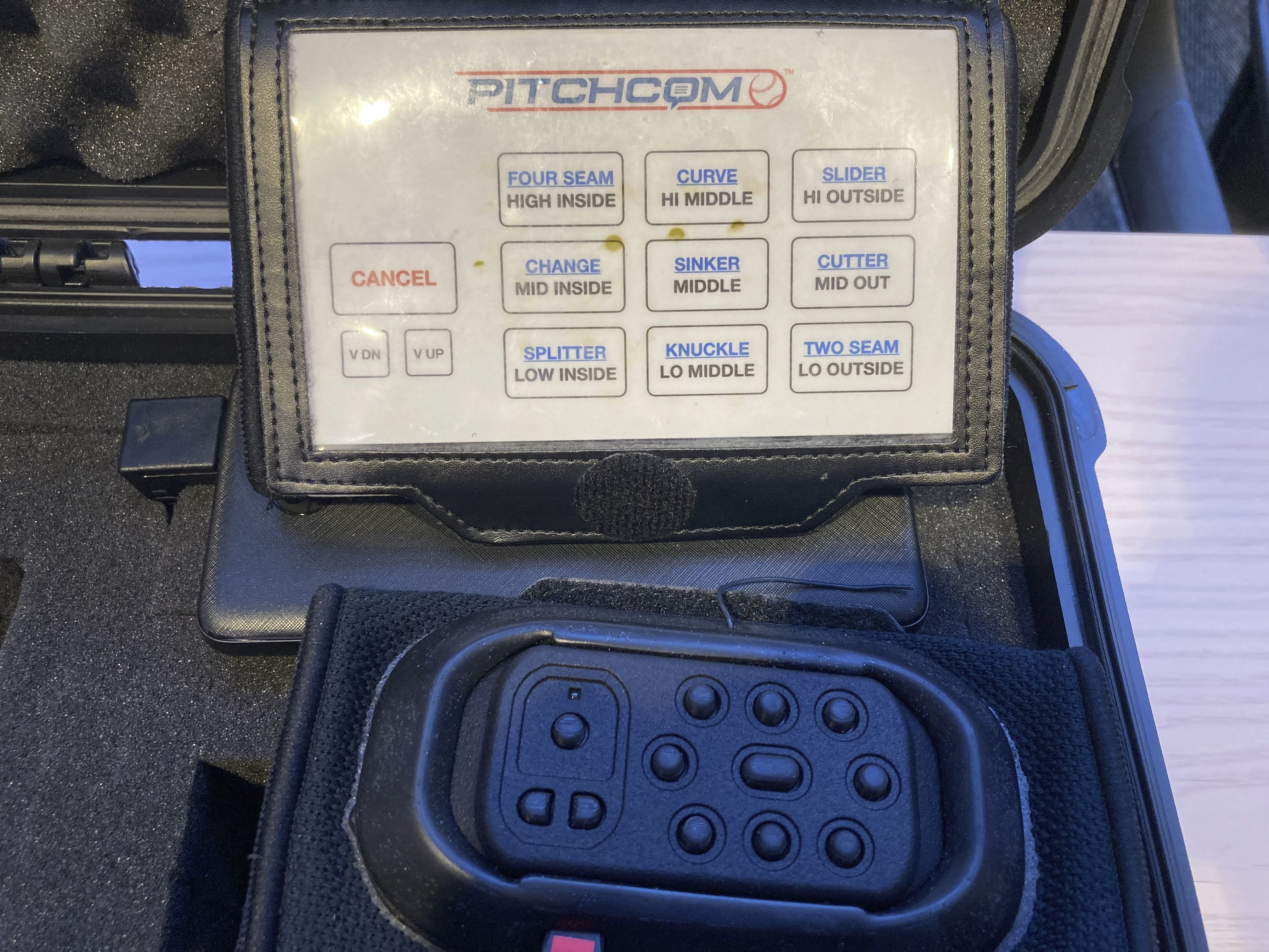 The electronic pitch-calling system approved by Major League Baseball, sits on display, Tuesday, April 5, 2022 in New York. In an effort to eliminate sign stealing, Major League Baseball says catchers may use a new electronic signal system to call pitches this season. 