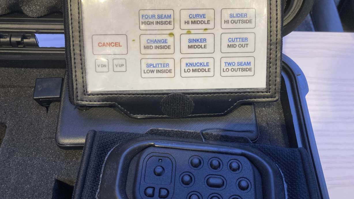 The electronic pitch-calling system approved by Major League Baseball, sits on display, Tuesday, April 5, 2022 in New York. In an effort to eliminate sign stealing, Major League Baseball says catchers may use a new electronic signal system to call pitches this season.