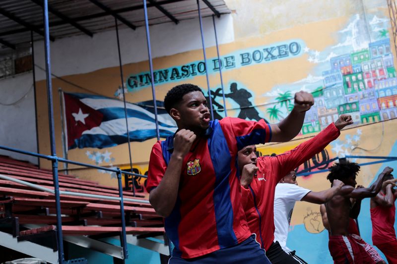 Boxing students practice during a training session in downtown Havana, Cuba, April 5, 2022.