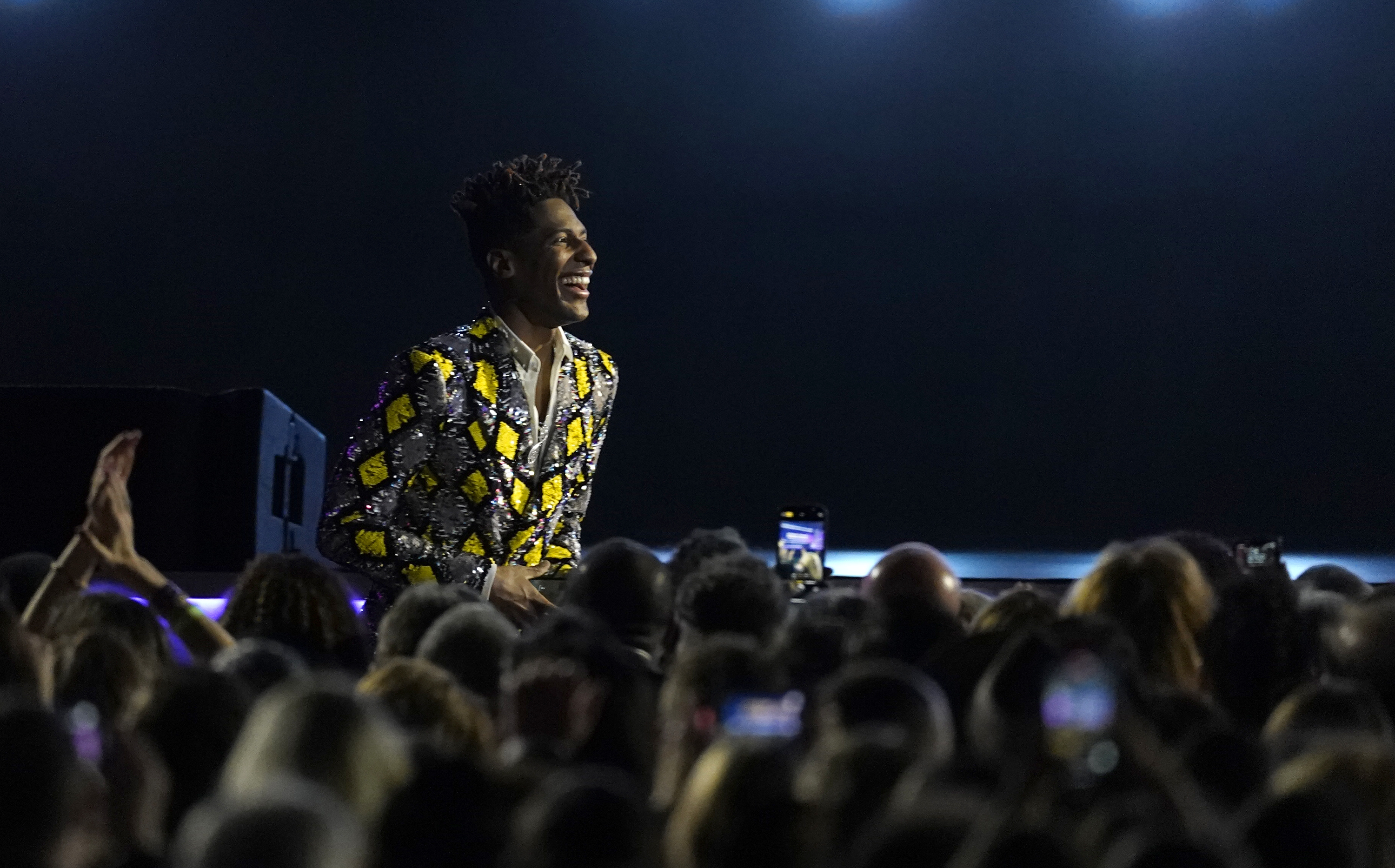 Jon Batiste is seen in the audience before going on stage to accept the award for best music video for "Freedom" at the 64th Annual Grammy Awards on Sunday, April 3, 2022, in Las Vegas. 