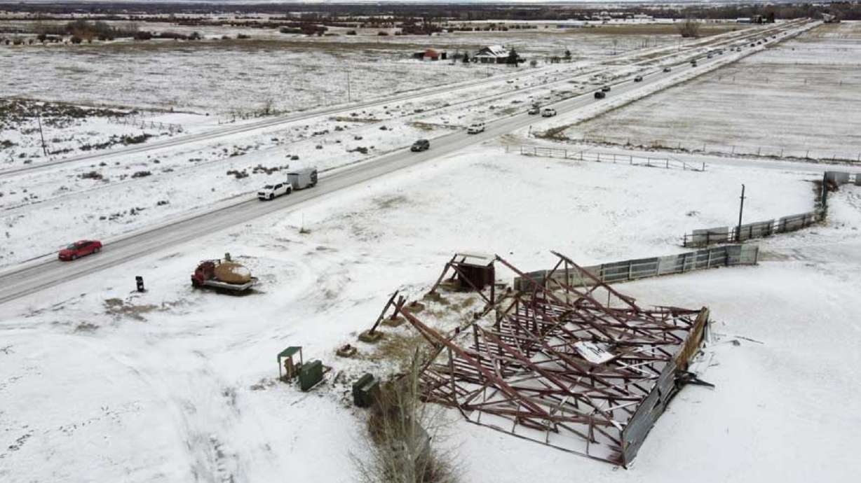 An aerial photo of the Spud Drive-In Theater in Driggs, Idaho, shows the 70-year-old structure downed by high winds on Monday evening. The managers of the iconic “Spud” said they will rebuild.
