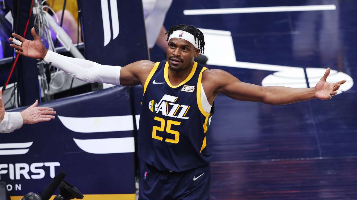 Utah Jazz forward Danuel House Jr. (25) celebrates as the Utah Jazz and the Memphis Grizzlies play an NBA basketball game at Vivint Arena in Salt Lake City on Tuesday, April 5, 2022. Utah won 121-115.