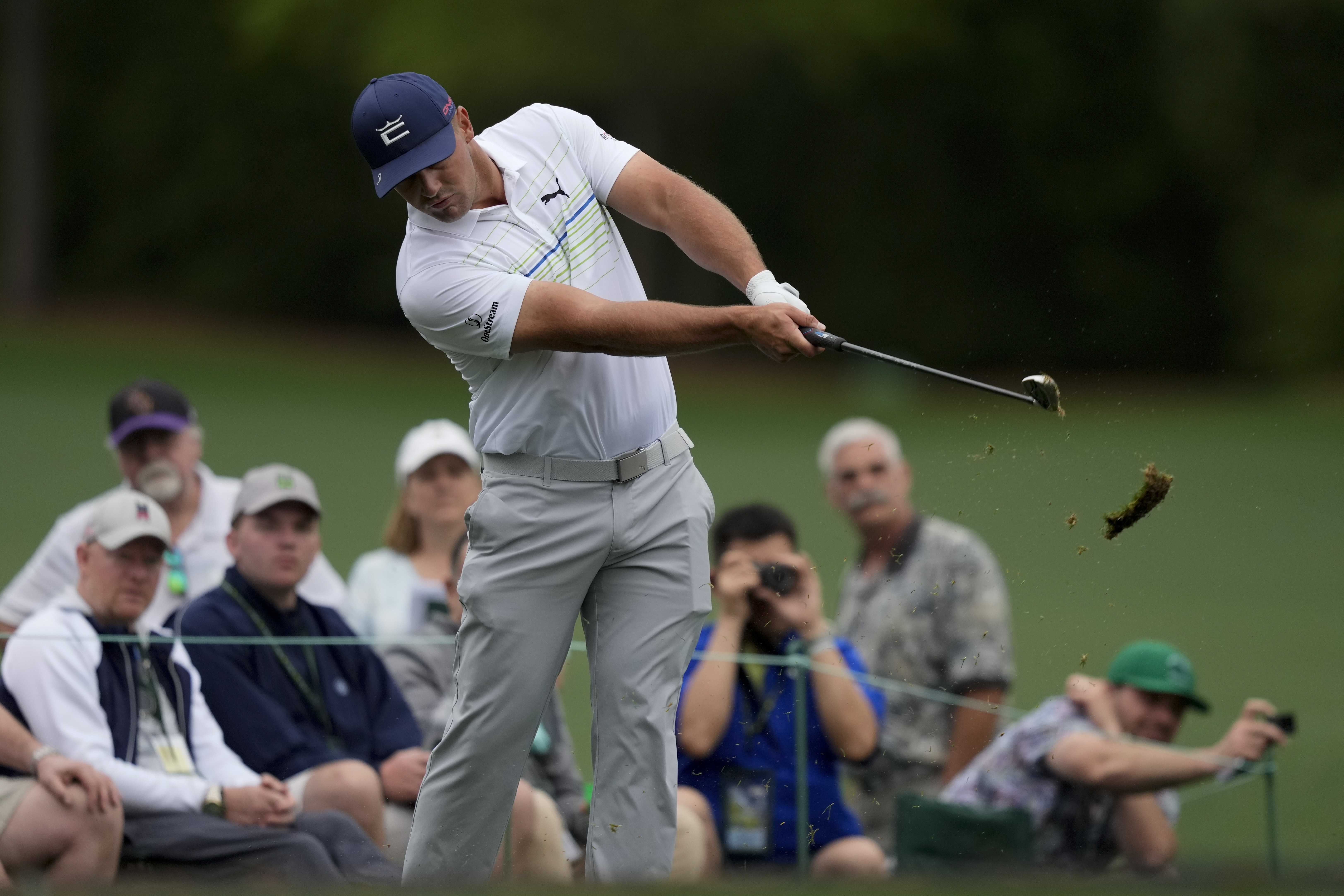 Bryson DeChambeau hits on the 12th tee during a practice round for the Masters golf tournament on Wednesday, April 6, 2022, in Augusta, Ga. 